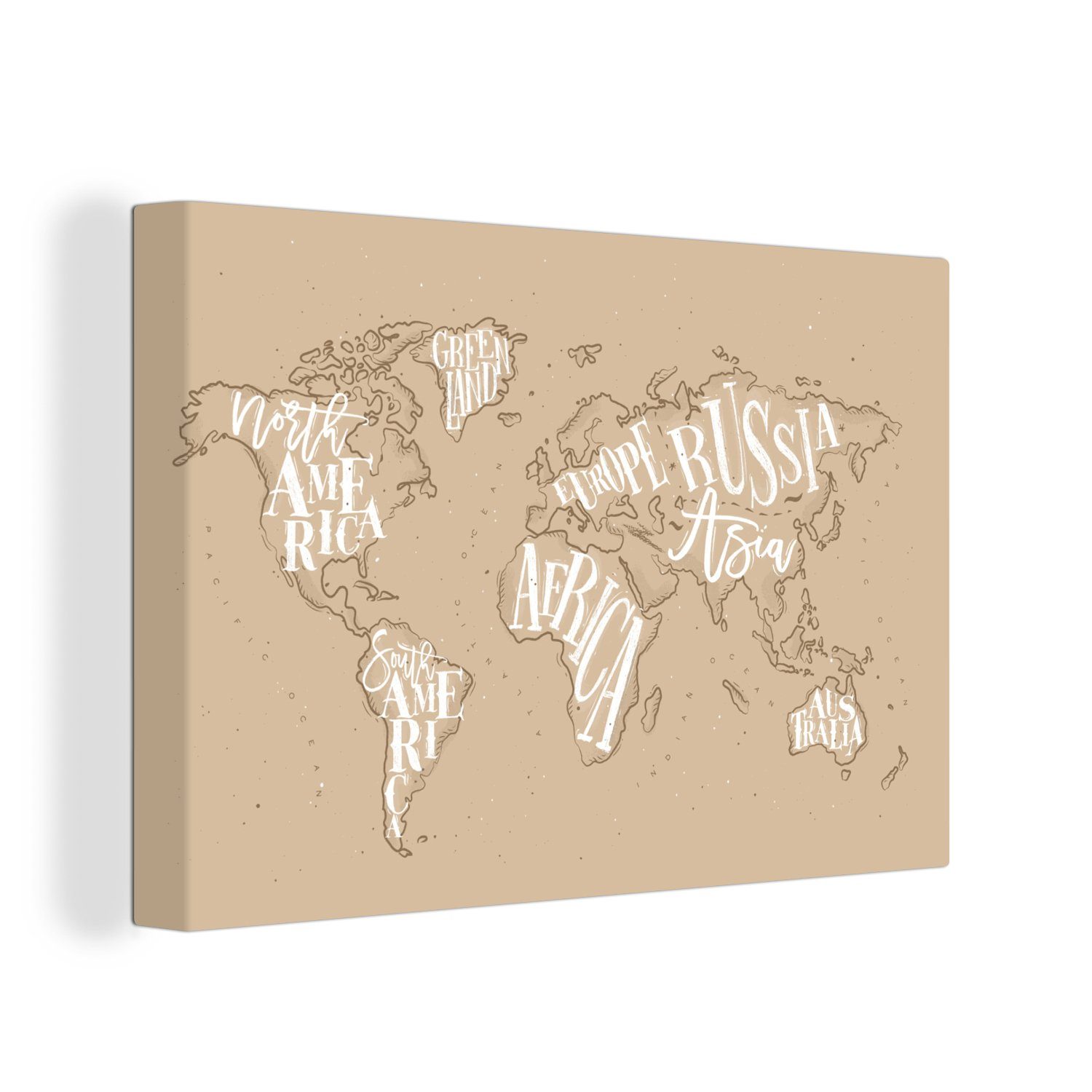 OneMillionCanvasses® Leinwandbild Weltkarte - Buchstaben - Weiß, (1 St), Wandbild Leinwandbilder, Aufhängefertig, Wanddeko, 30x20 cm