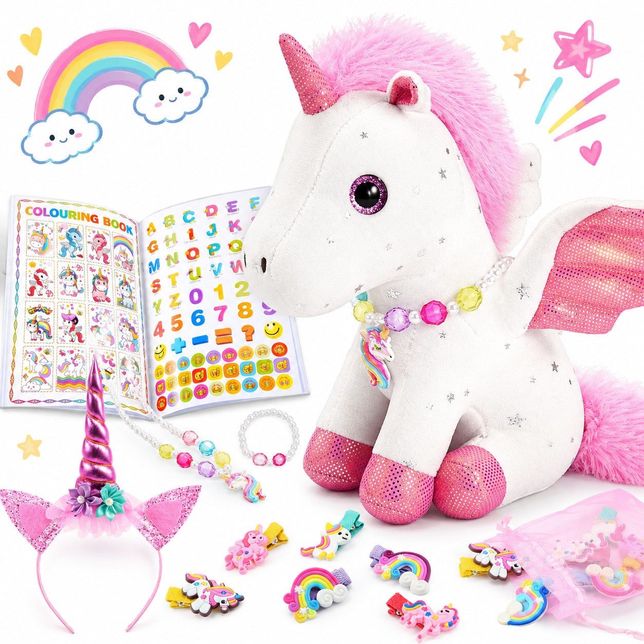 Wootoy Kuscheltier Einhorn Plüschtier Geschenkset für Mädchen 21-teiliges Kreativset (mit Malbuch Schmuck Haaraccessoires und Plüschtier, 1-St., vielseitige Kombination aus Spielzeug Bastelspaß und Schmuck), Attraktive Geschenkbox ideal für kleine Einhorn-Liebhaberinnen