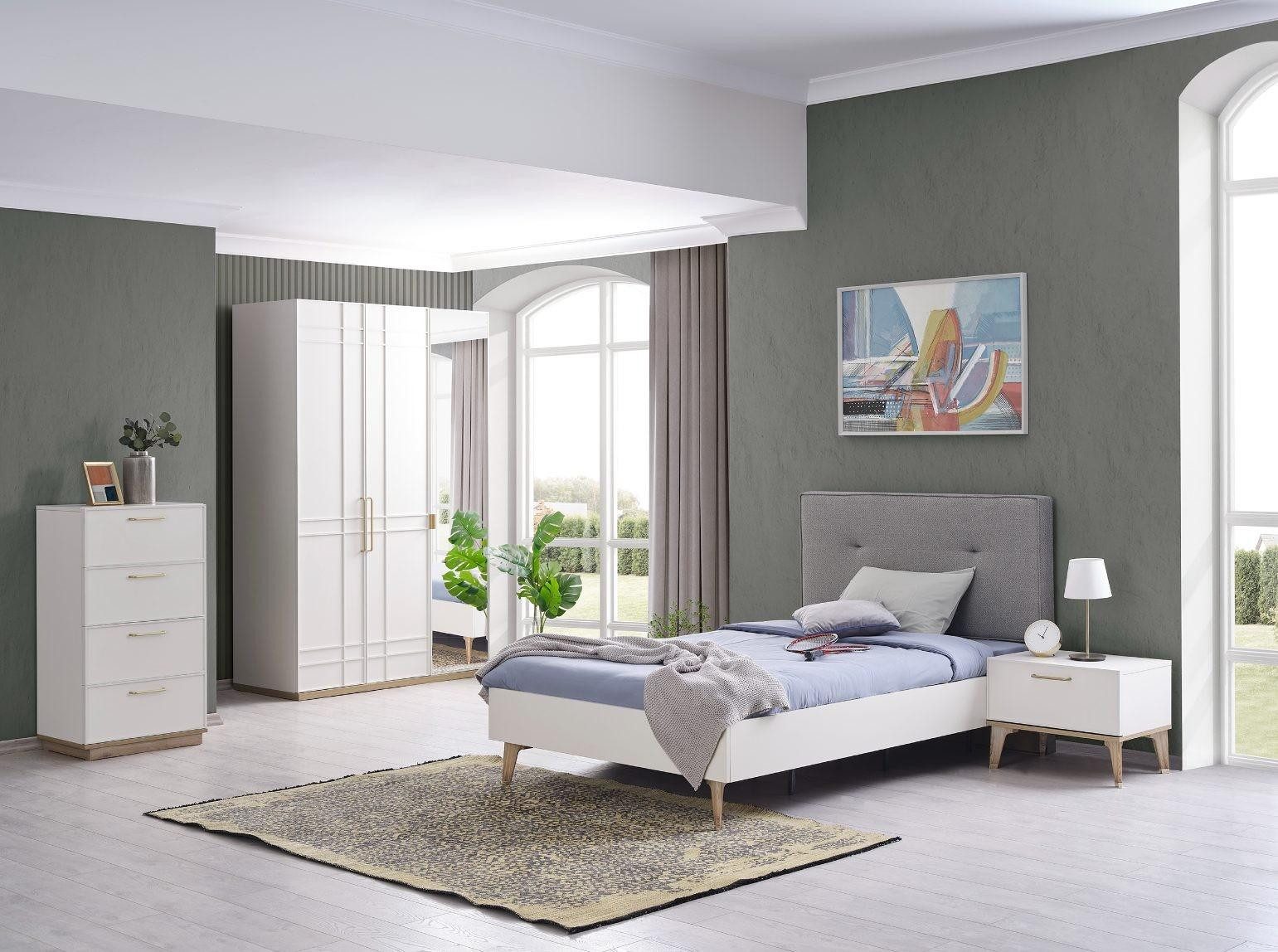 Jugendzimmer-Set Weißes Holz Jugendbett mit Nachttisch, Kleiderschrank und Kommode