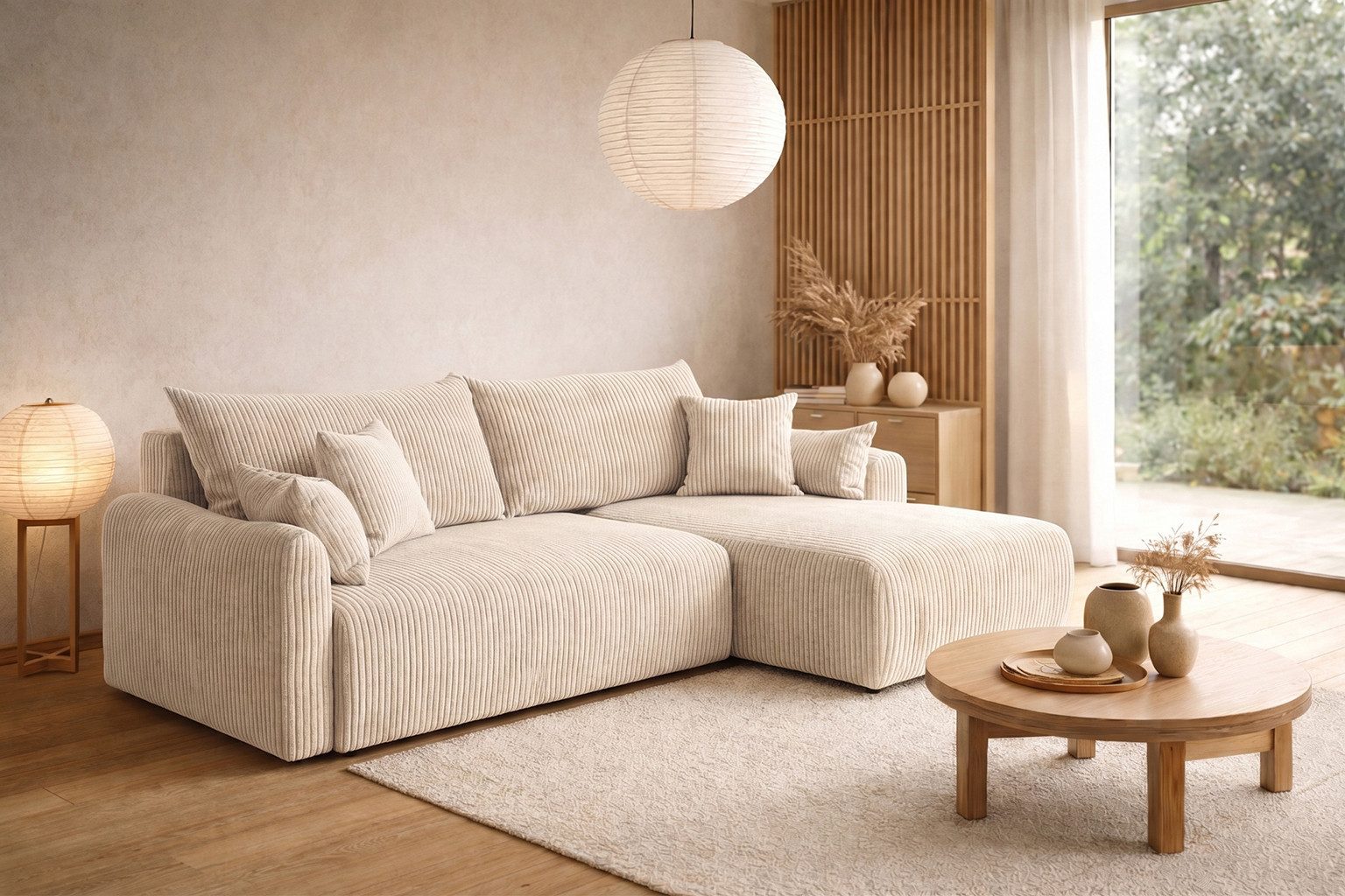 Kaiser Möbel Ecksofa mit Schlaffunktion für Wohnzimmer, Cordstoff Poso, JAPANDI, Japandi-Stil, Abgerundete Form, Große Liegefläche