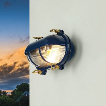 Licht-Erlebnisse Außen-Wandleuchte SKIATHOS, ohne Leuchtmittel, Messing Riffelglas IP64 E27 B: 21 cm Maritim Blau Haus Garten