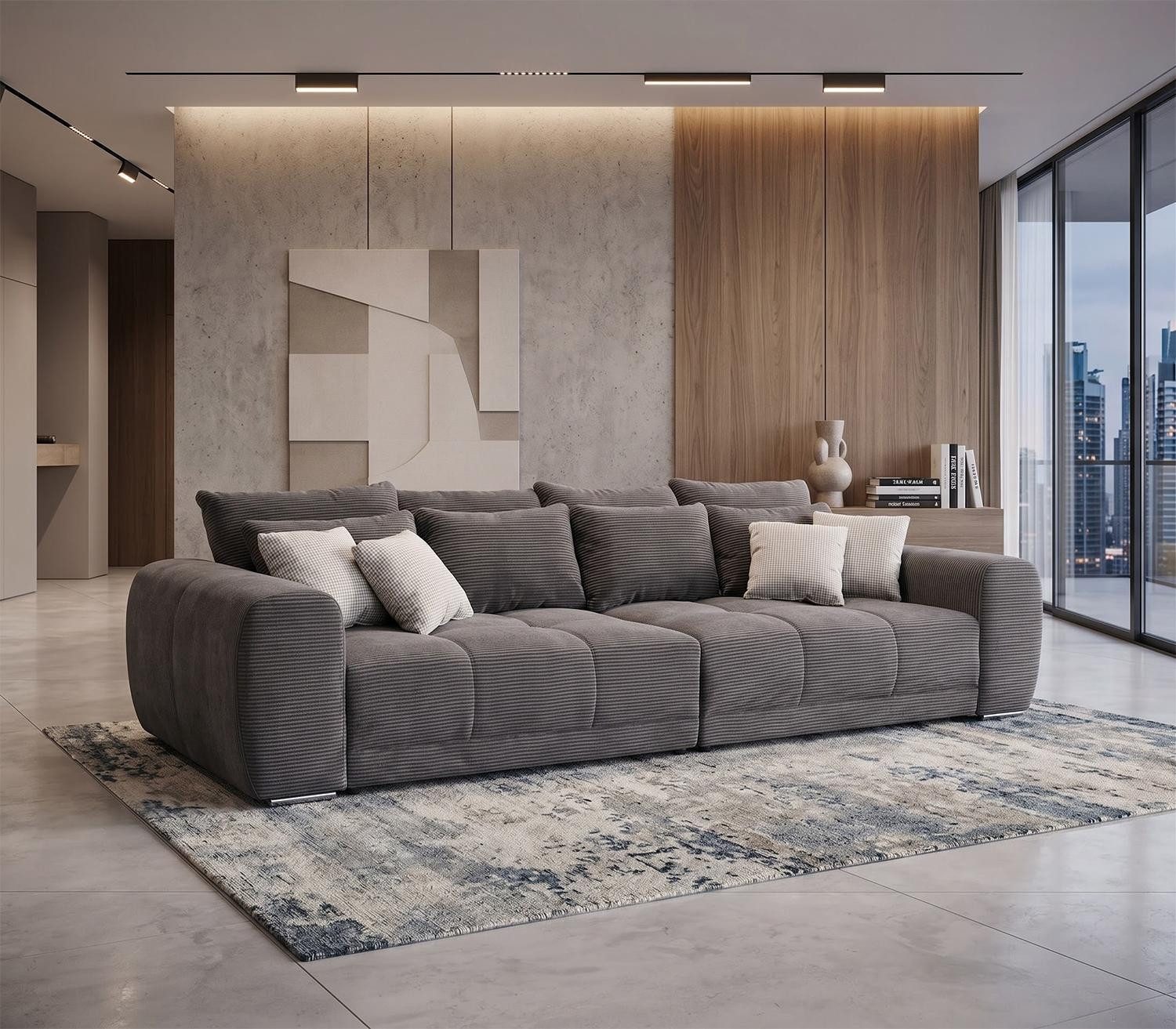 Jockenhöfer Gruppe Big-Sofa MOLDAU, Grau, Cordbezug, mit 12 Kissen, B 306 x H 83 x T 134 cm