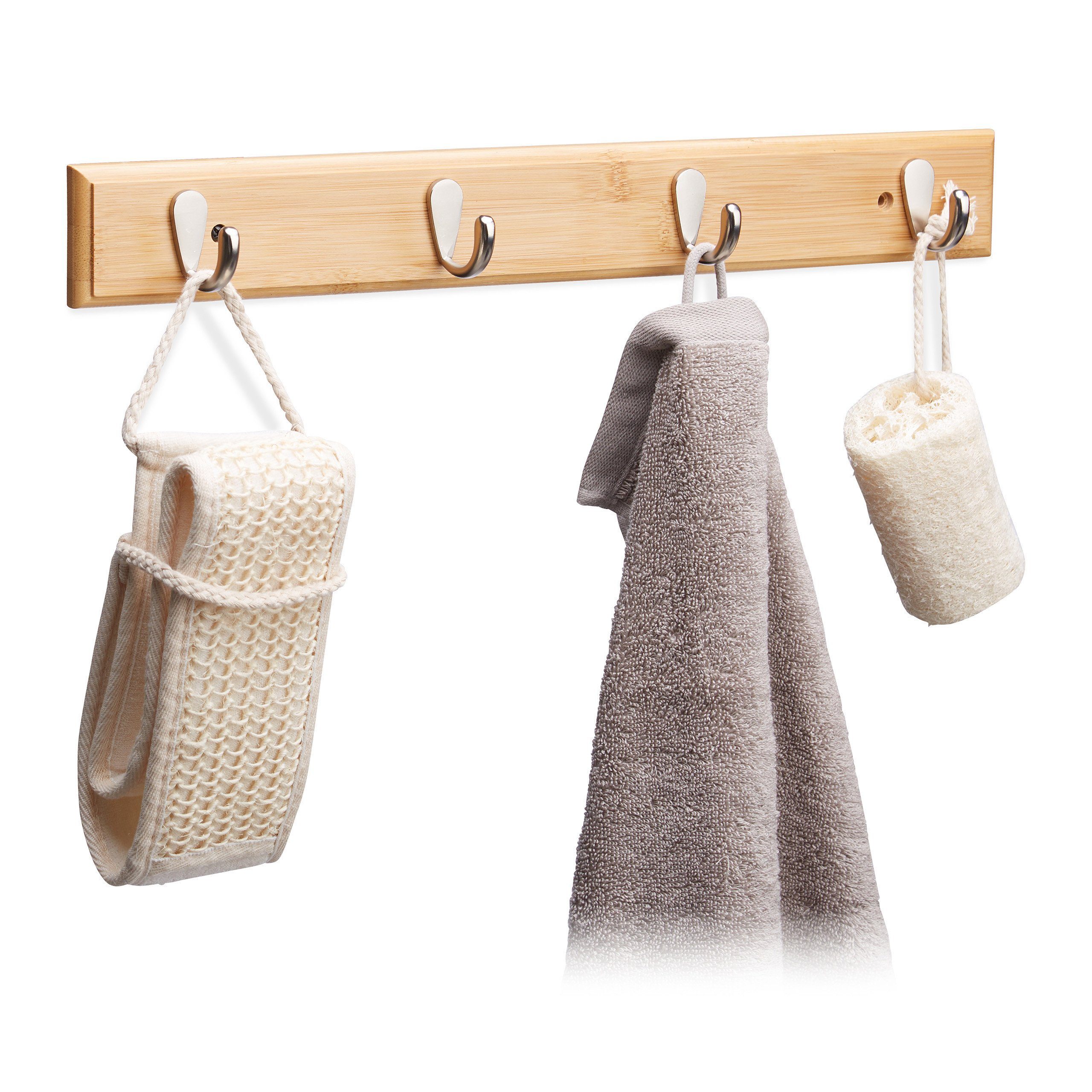 relaxdays Hakenleiste 4 x Hakenleiste Bambus mit 4 Haken, (4 St)
