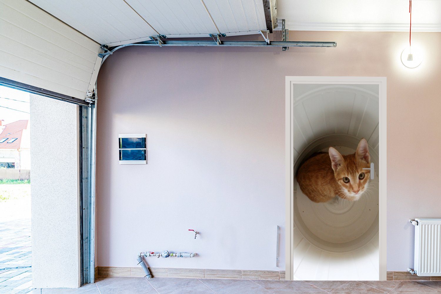 (1 Fototapete Matt, Katze Türtapete - - Türaufkleber, cm bedruckt, Mülleimer 75x205 St), für Weiß, Tür, MuchoWow
