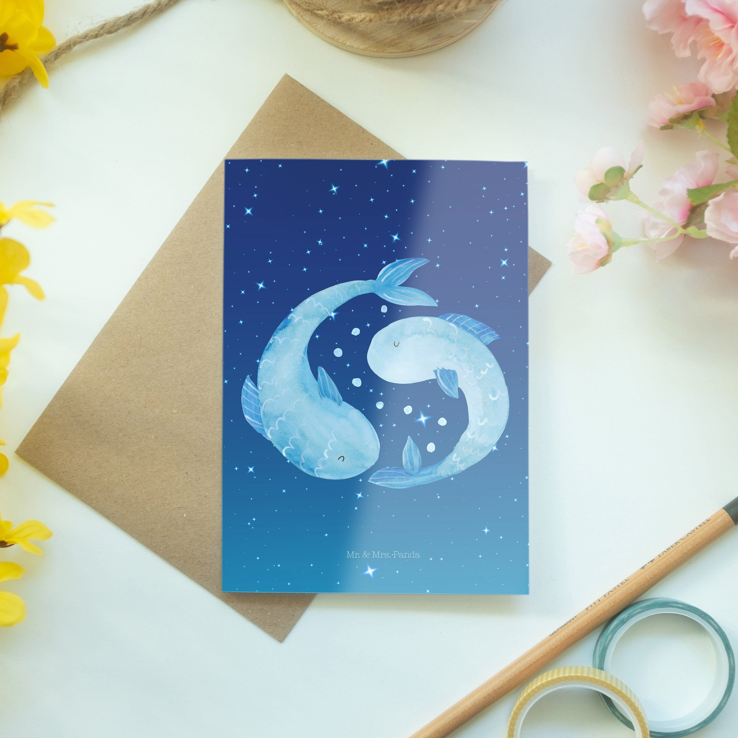 Geschenk Grußkarte & Mr. - Panda Sternzeichen Mrs. Geschenk, Blau - Fische Februar Sternenhimmel