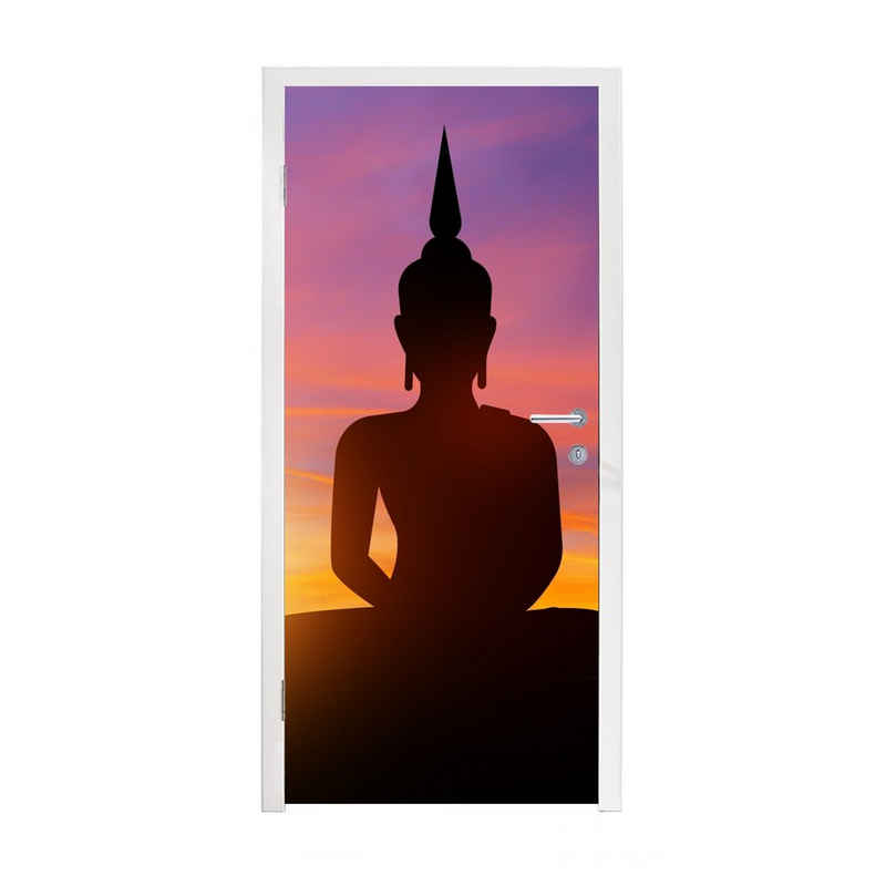 MuchoWow Türtapete Sonnenuntergang - Horizont - Buddha-Statue - Buddha - Silhouette, Matt, bedruckt, (1 St), Fototapete für Tür, Türaufkleber, 75x205 cm