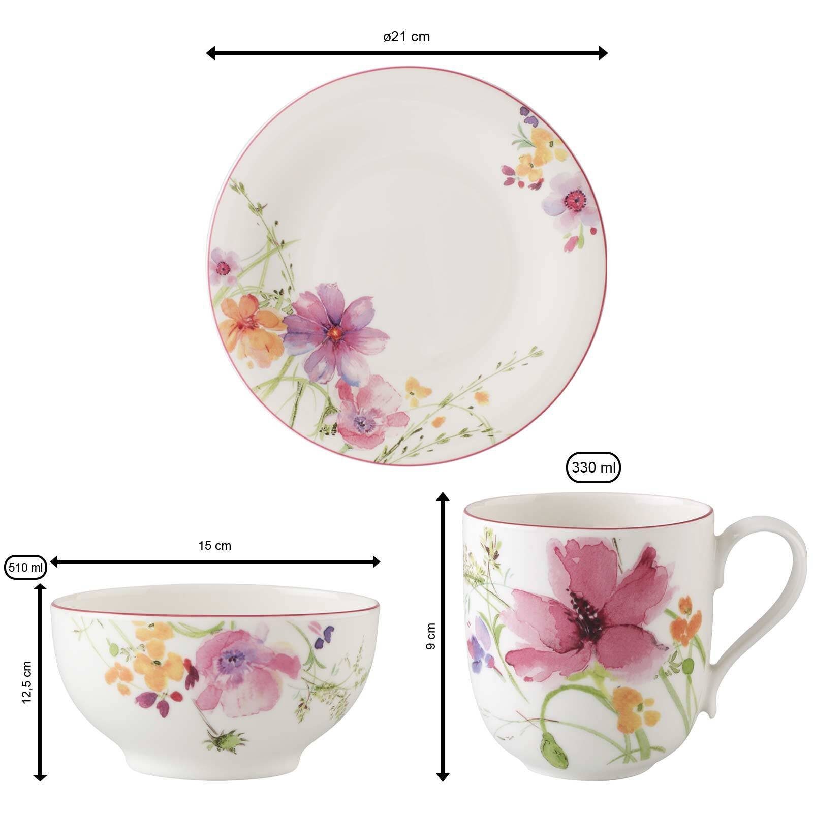 Villeroy & Boch Frühstücks-Geschirrset Mariefleur Basic Frühstücks-Set (6-tlg), 2 Personen, Porzellan