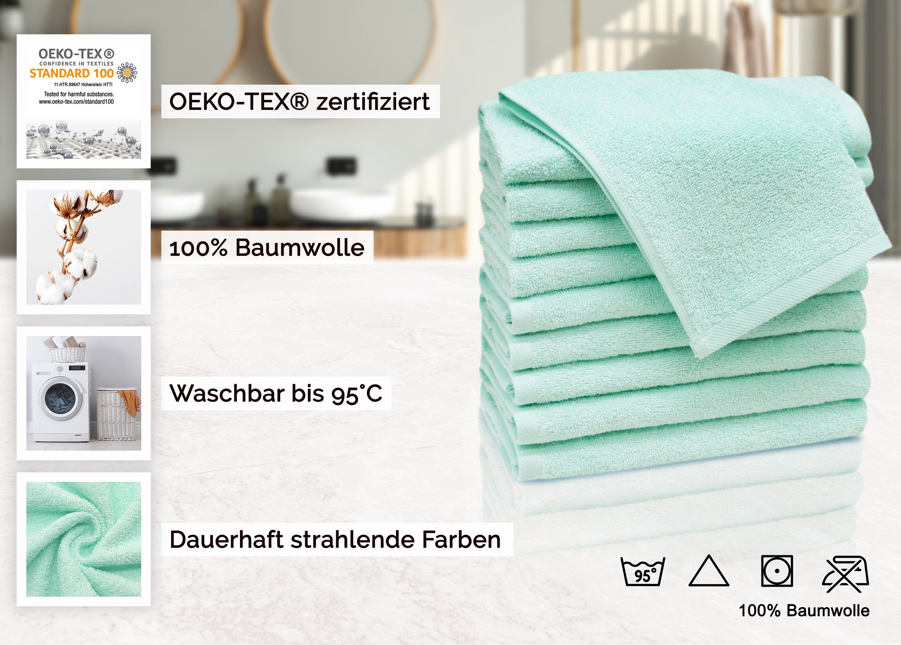 ZOLLNER Gästehandtücher, Walkfrottier (10-St), 30 Farben alle 100% cm, 50 x waschbar mint bis 95°C Baumwolle