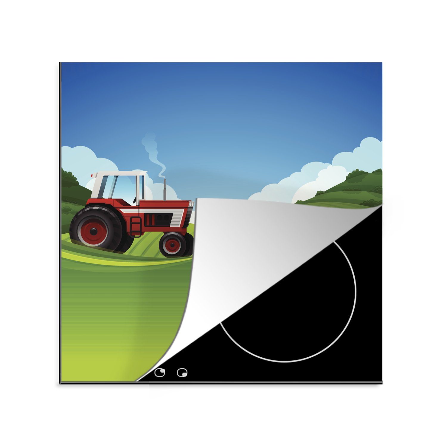 MuchoWow Herdblende-/Abdeckplatte tlg), - Traktor (1 78x78 Arbeitsplatte küche cm, Luft, für - Vinyl, Ceranfeldabdeckung, Gras