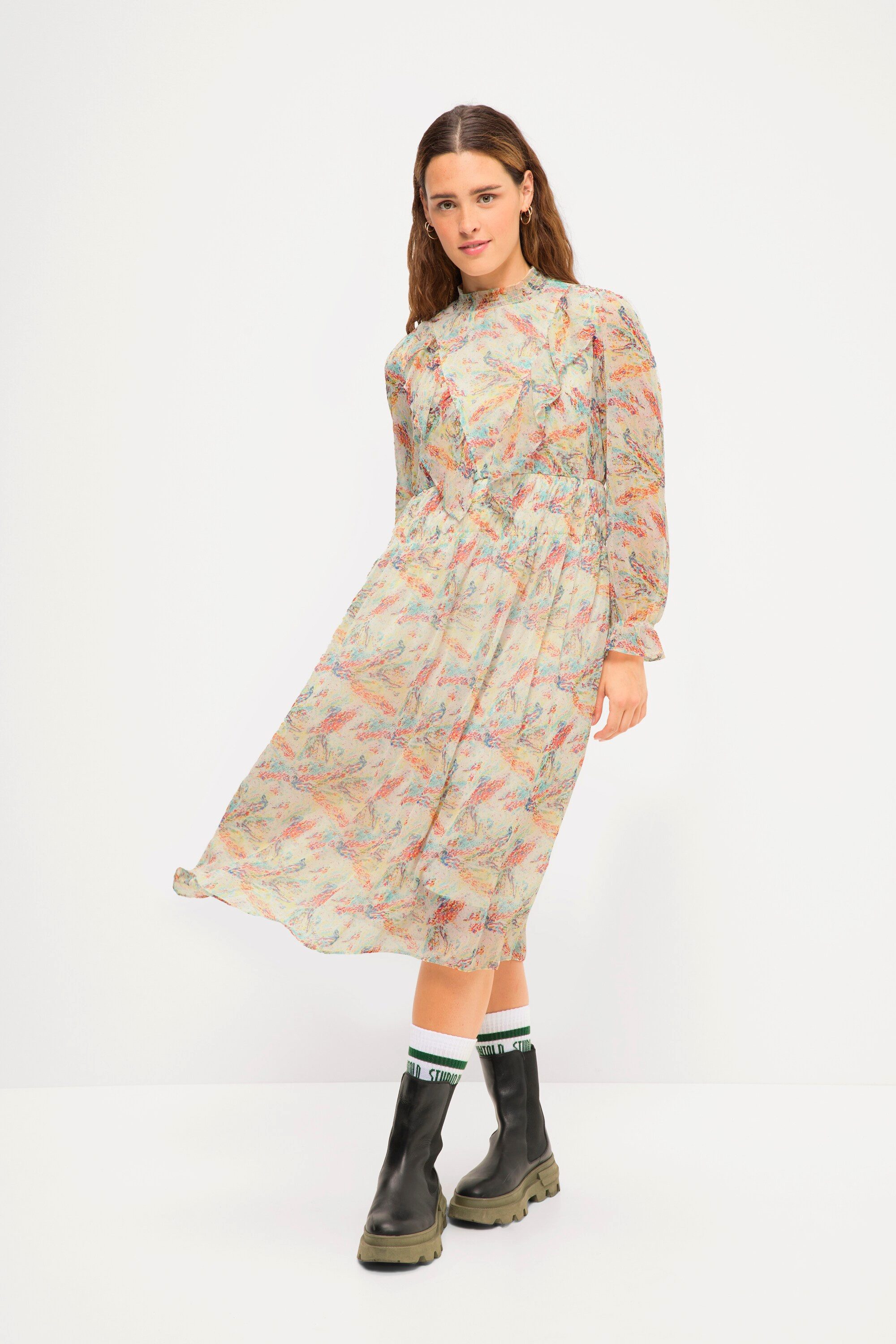 Studio Untold Midikleid Midikleid A-Line Print Rüschen-Stehkragen Langarm
