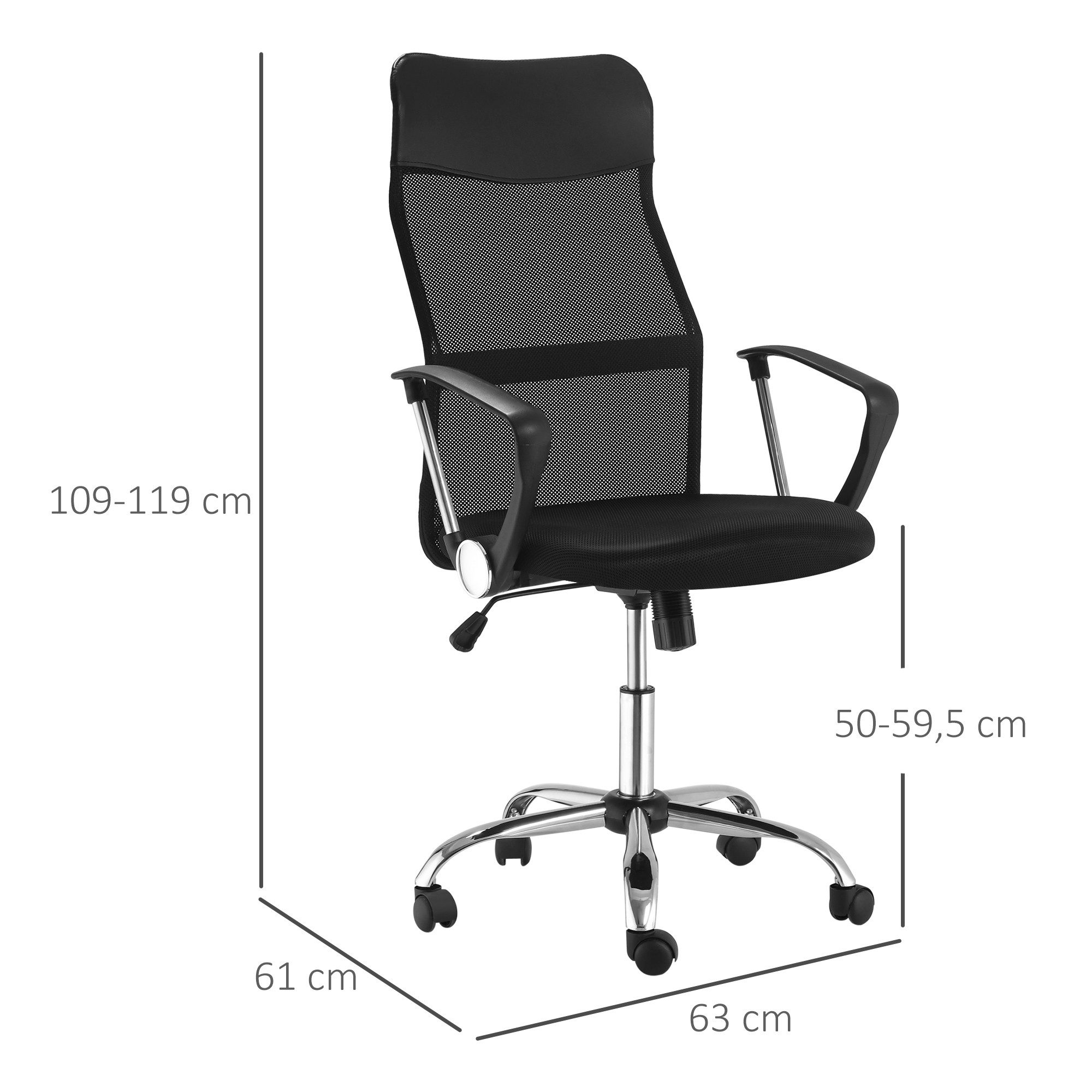 HOMCOM Bürostuhl Drehstuhl Computerstuhl mit Wippfunktion, Netzbespannung (Schreibtischstuhl, 1 St), Schwarz, 63 x 65 x 109-119 cm