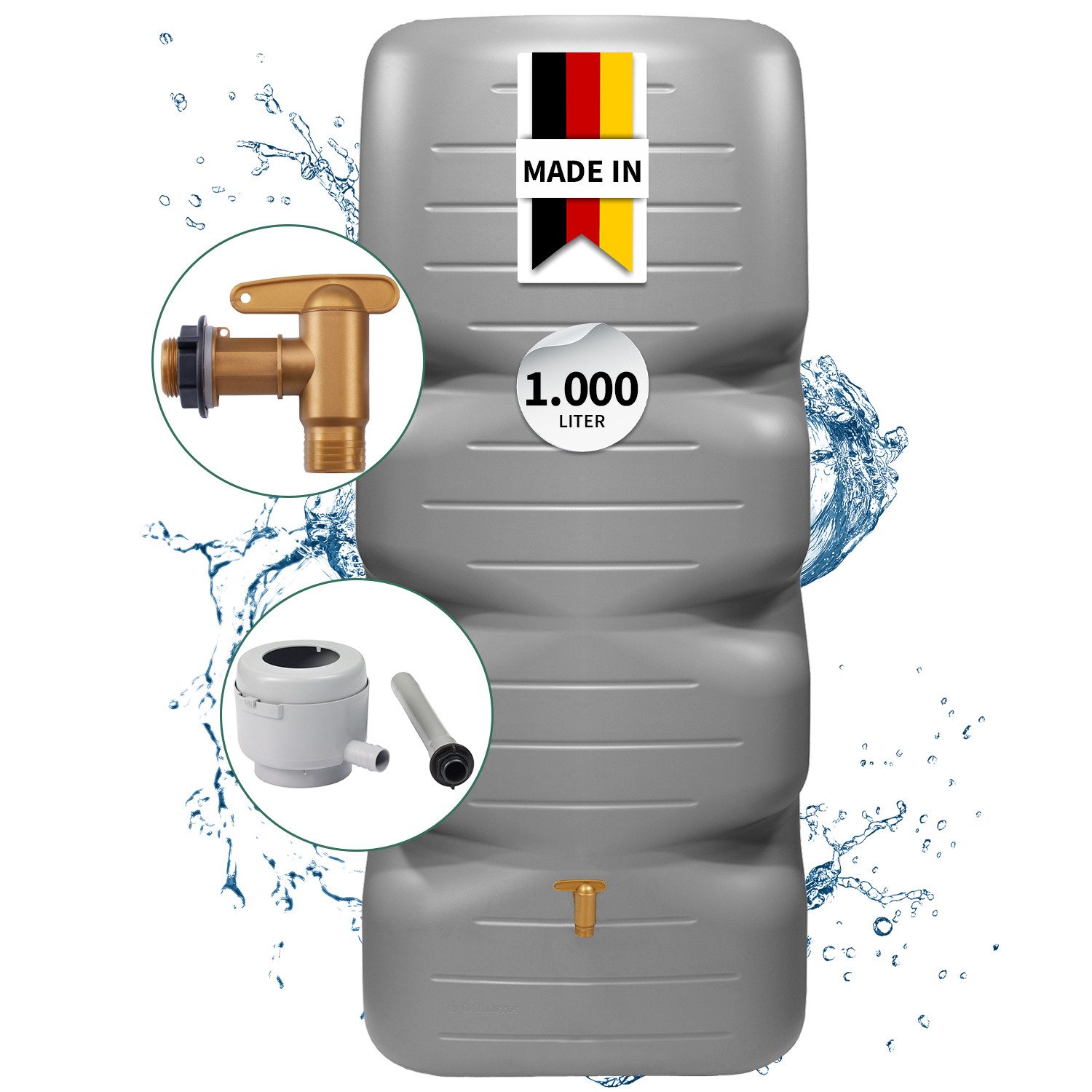 GARANTIA Regentonne CUBUS Gartentank Komplett-Set 1000 L, betongrau