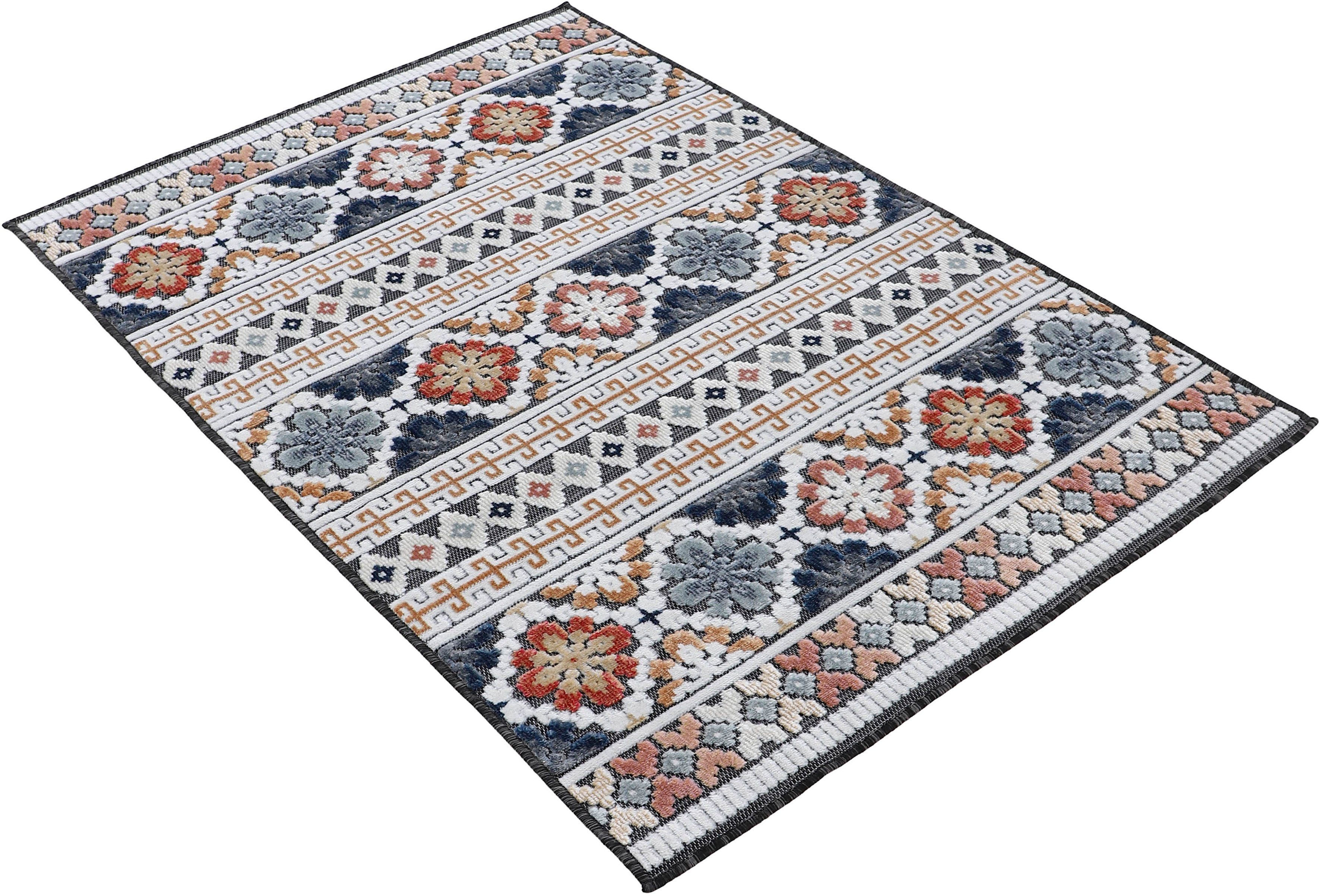 Teppich Deja 103, Palmenblätter, Höhe: Motiv- mm, robustes Flachgewebe, blau Effekt rechteckig, carpetfine, Hoch-Tief Floral 4