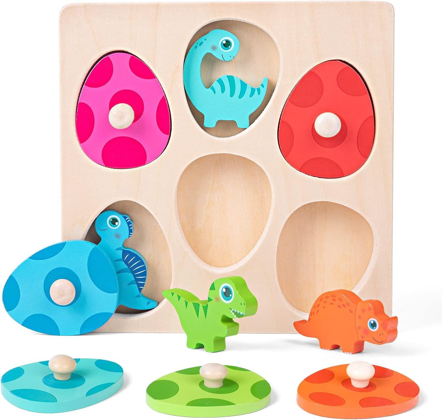 Sorvyzxn Lernspielzeug Holzspielzeug Holzpuzzle Dino Eier Montessori Spielzeug, Greifpuzzle Motorikspielzeug Geburztag Geschenk für Mädchen Jungen
