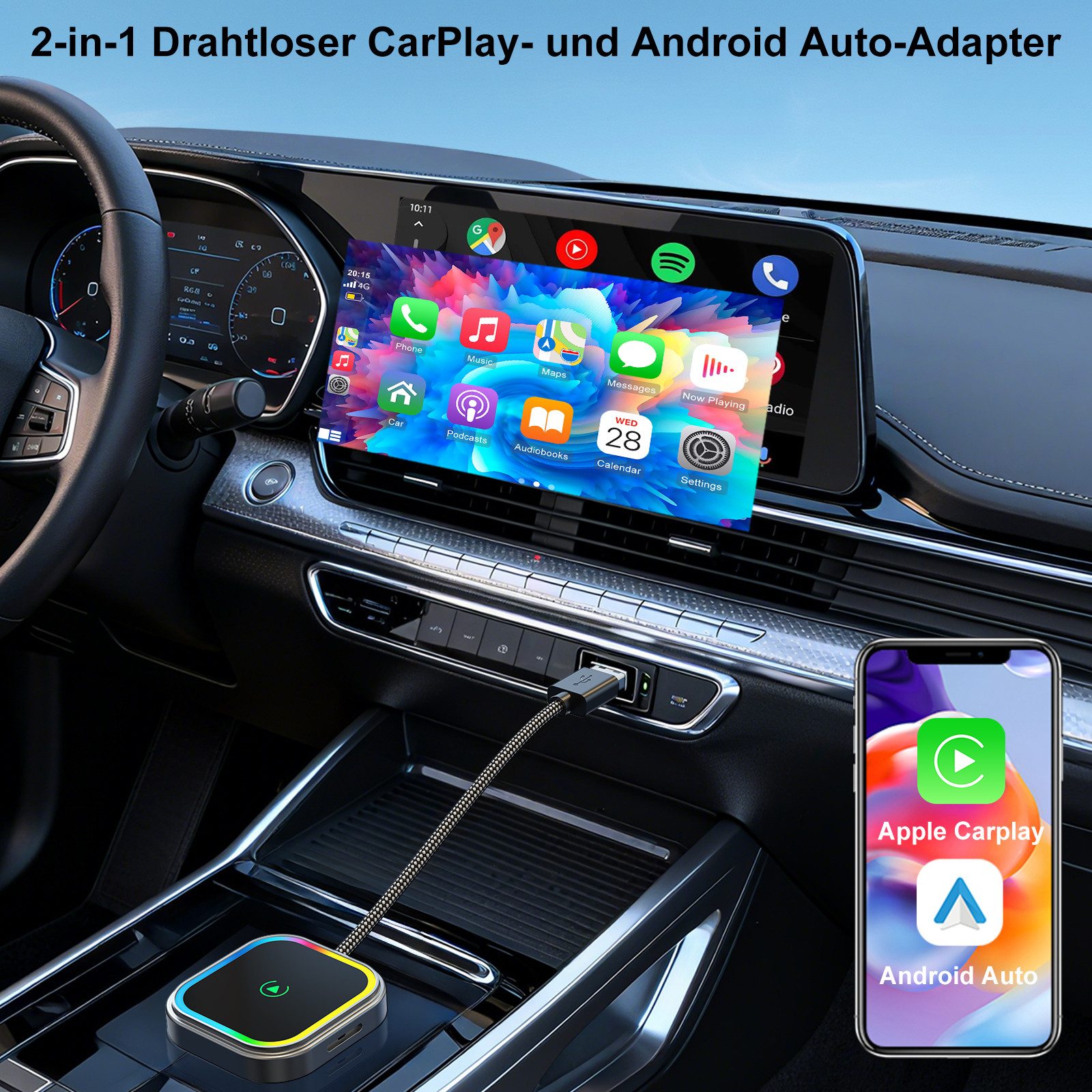 ESSGOO USB Wireless CarPlay Android Auto Adapter Bunte Lichter Plug & Play Adapter USB, Type-C zu USB, Type-C, WIFI Bluetooth 5.2 Sprachsteuerung kompatibel Autos mit Wired CarPlay