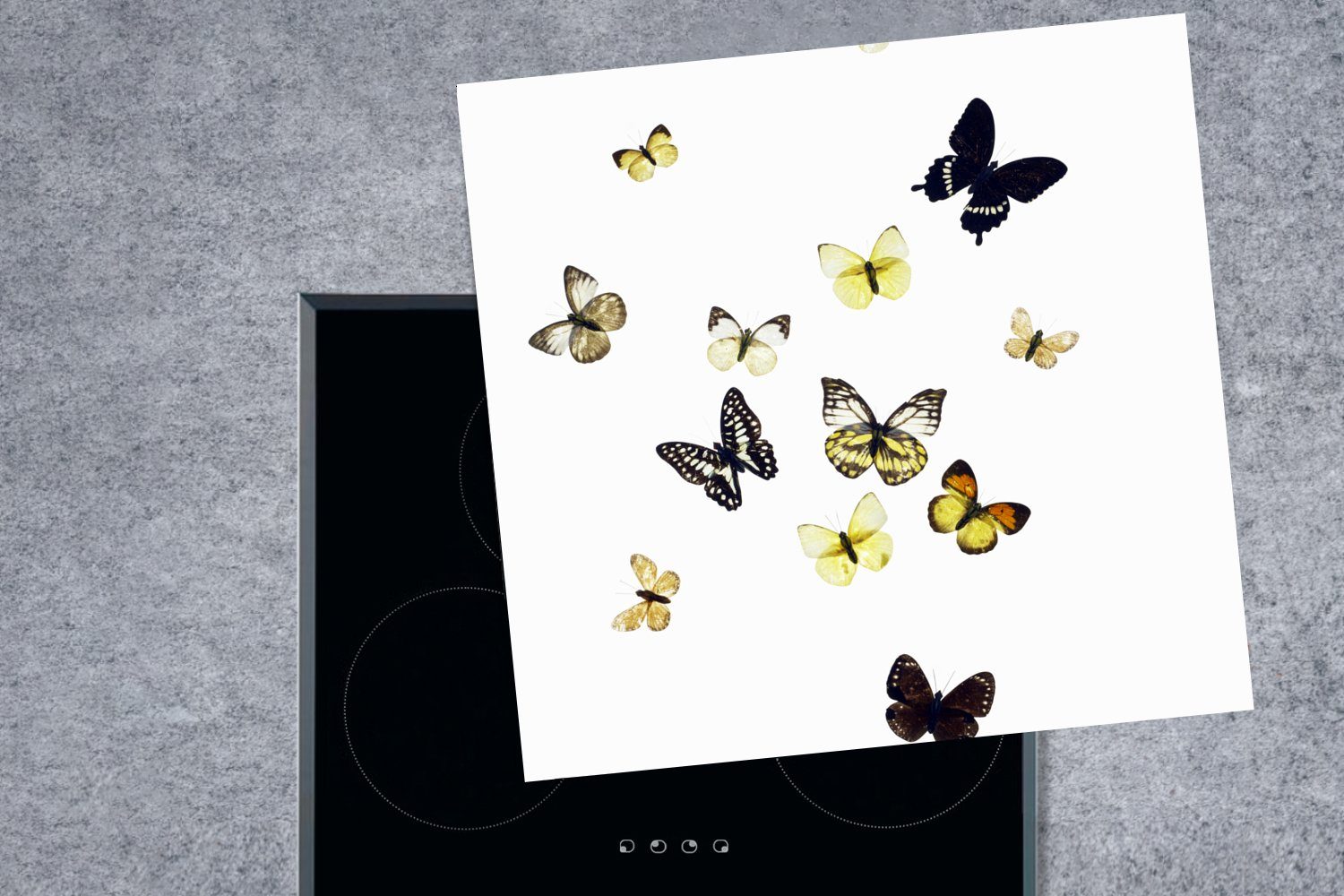 cm, küche Hintergrund, MuchoWow für (1 Herdblende-/Abdeckplatte auf Arbeitsplatte Vinyl, tlg), weißem Ceranfeldabdeckung, 78x78 Schmetterlinge