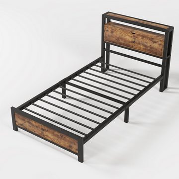 Fangqi Einzelbett Bettrahmen Holz Metallbett 90x200 Bettgestell aus Metall (mit Lattenrost,Metall Bed Vintage Braun +Schwarz), Kopfteil mit Aufbewahrungsschränken