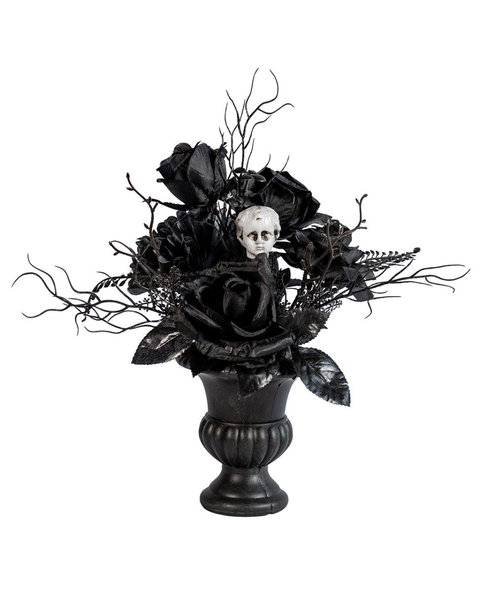 Horror-Shop Dekofigur Schwarze Rosen & Puttenkopf in Gothic Vase 31cm –