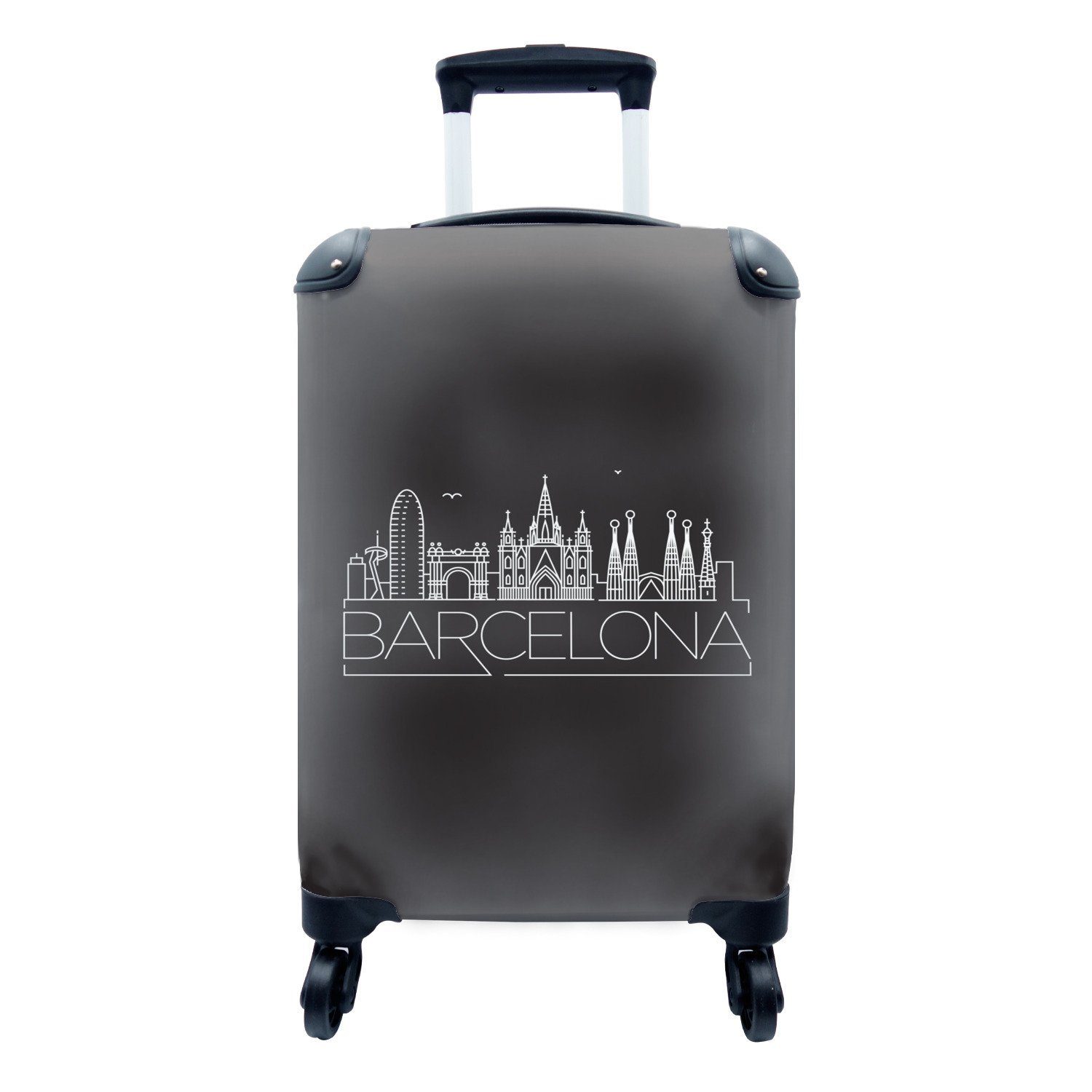MuchoWow Handgepäckkoffer Skyline "Barcelona" schwarz, 4 Rollen, Reisetasche mit rollen, Handgepäck für Ferien, Trolley, Reisekoffer
