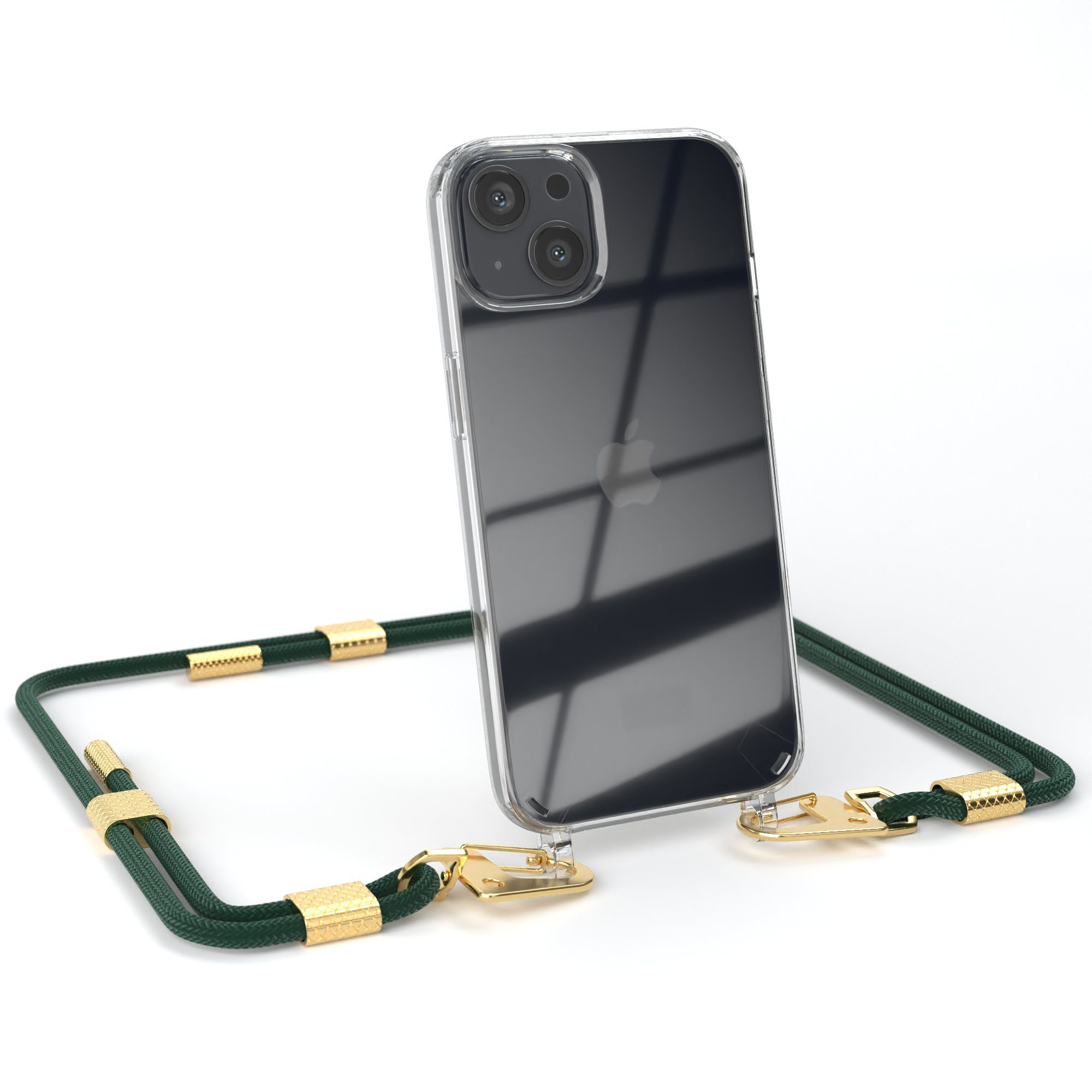 EAZY CASE Handykette Silikonhülle mit runder Kette für Apple iPhone 13 6,1 Zoll, Silicon Handyhülle mit runder Kette Carabiner Necklace Dunkelgrün Gold