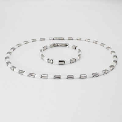 ELLAWIL Collier-Set Halskette Armband aus weißer Keramik mit silberfarbenem Edelstahl (Kettenlänge 48,5 cm, Armbandlänge 19 cm, Breite 6 mm), inklusive Geschenkschachtel