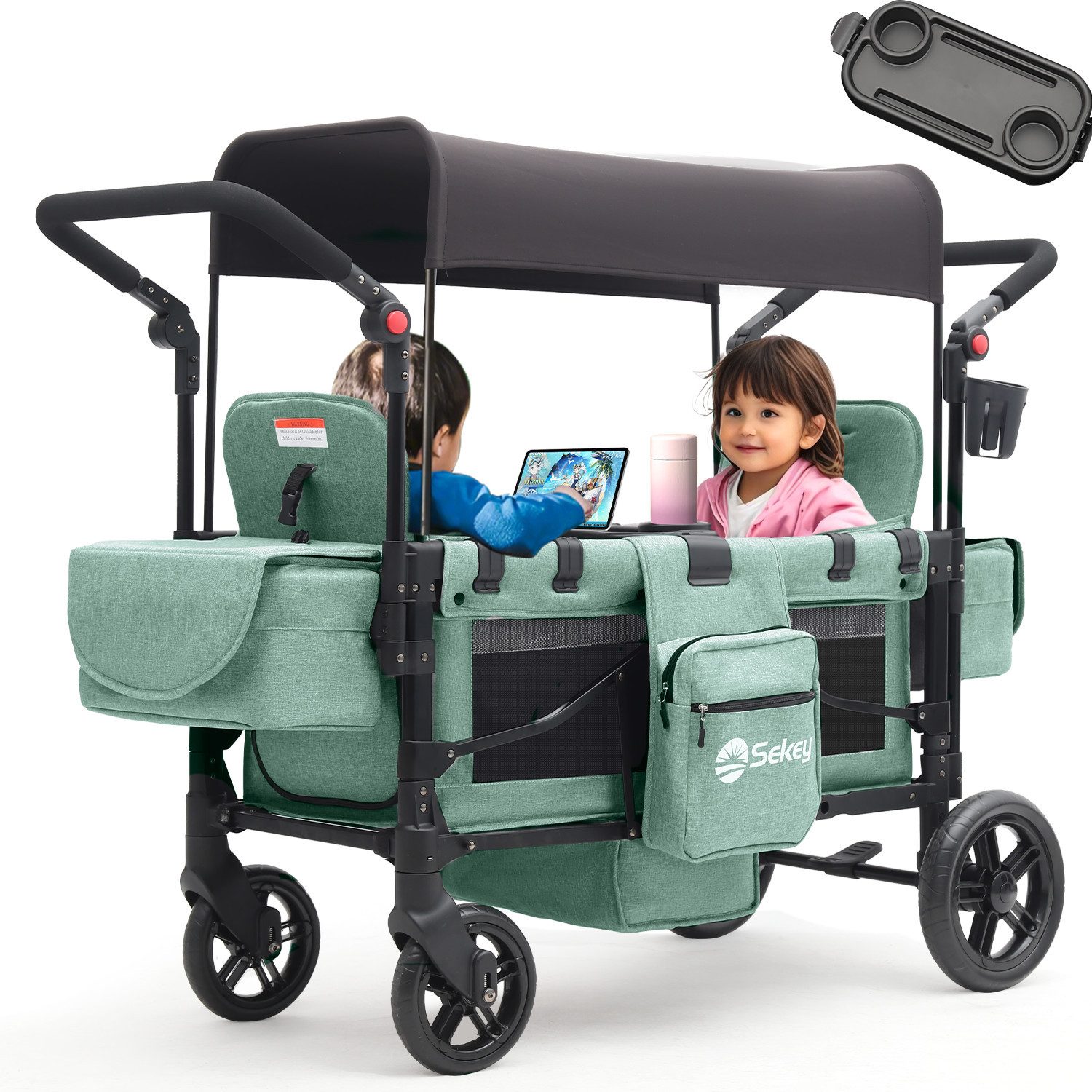 Sekey Bollerwagen für Kinder zum Sitzen, Bollerwagen Faltbar Kinderwagen für 2 Kinder, Duo Schiebegriff Kinderwagen mit 2 integrierten 5-Punkt-Gurtsystem