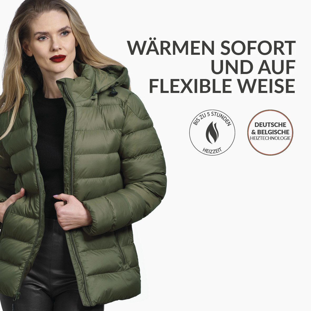 30seven Steppjacke beheizte Steppjacke Slim Fit mit verstellbarer Kapuze - Khaki 5V Set inkl. 2 Powerbanks & Ladegerät