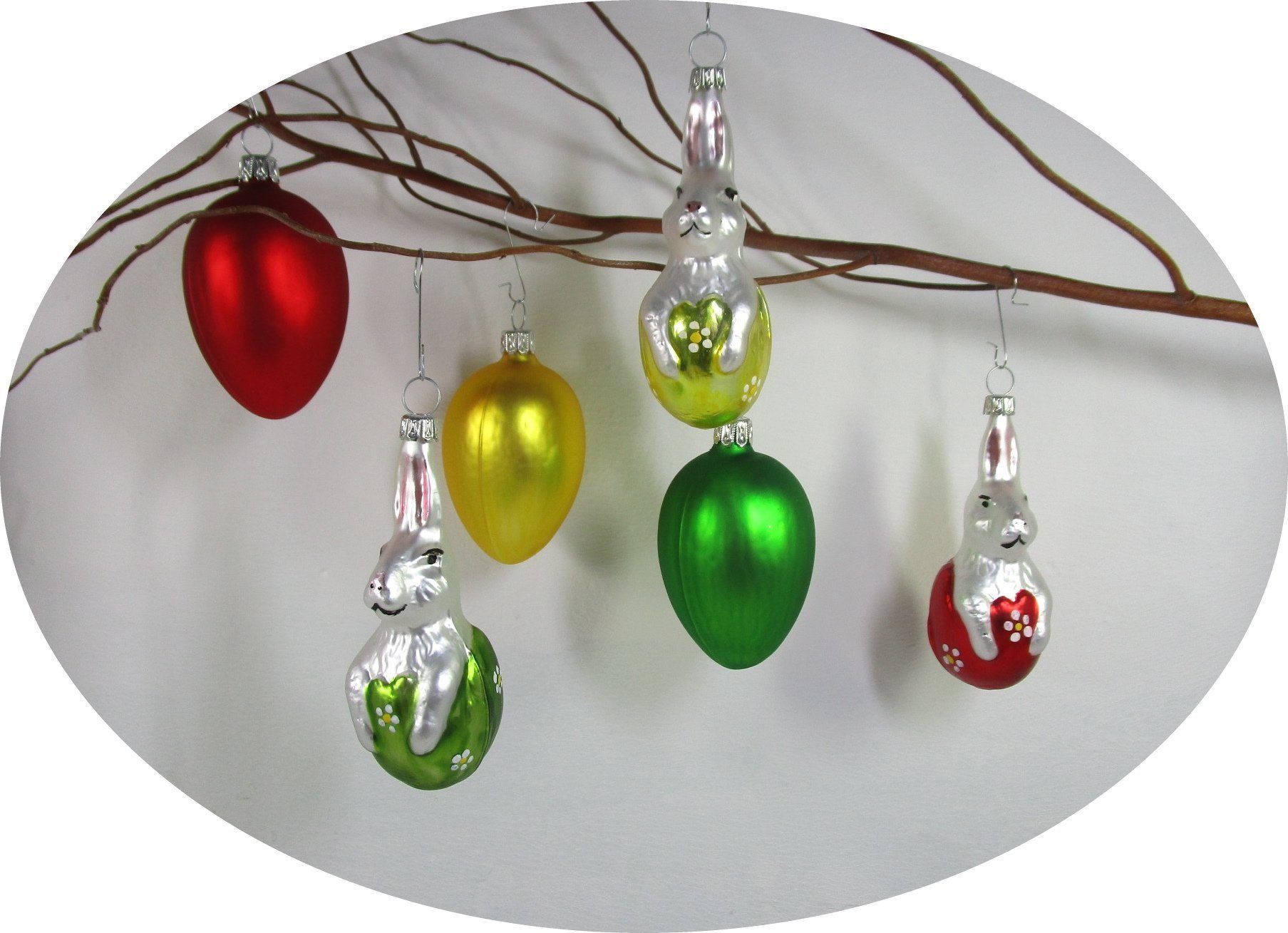 Nostalgie Christbaumschmuck Thüringen Osterei Ostereierset bunt mit Figuren (gemischtes Set, 6 tlg), MADE IN GERMANY