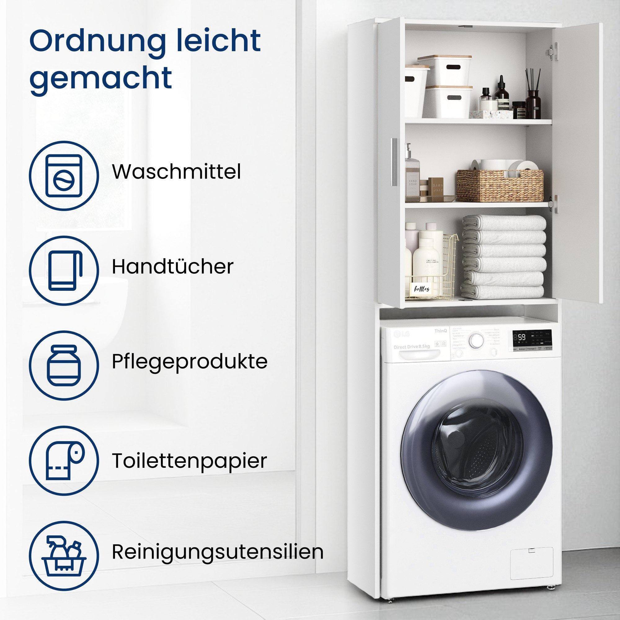 Home Collective Waschmaschinenumbauschrank Hochschrank mit 3 Fächern robust und pflegeleicht 65x30x187 cm (BxTxH), Weiß, praktisch & viel Stauraum