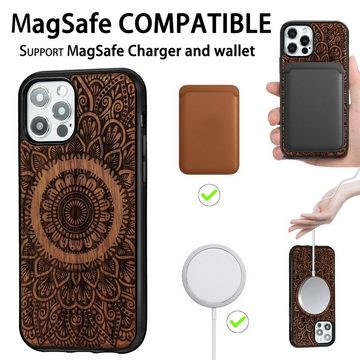 Wigento Smartphone-Hülle Holzfurnier Mandala geprägte Magsafe Hülle Handy Tasche Rosen für Apple iPhone 12 Pro Max 6.7 Zoll