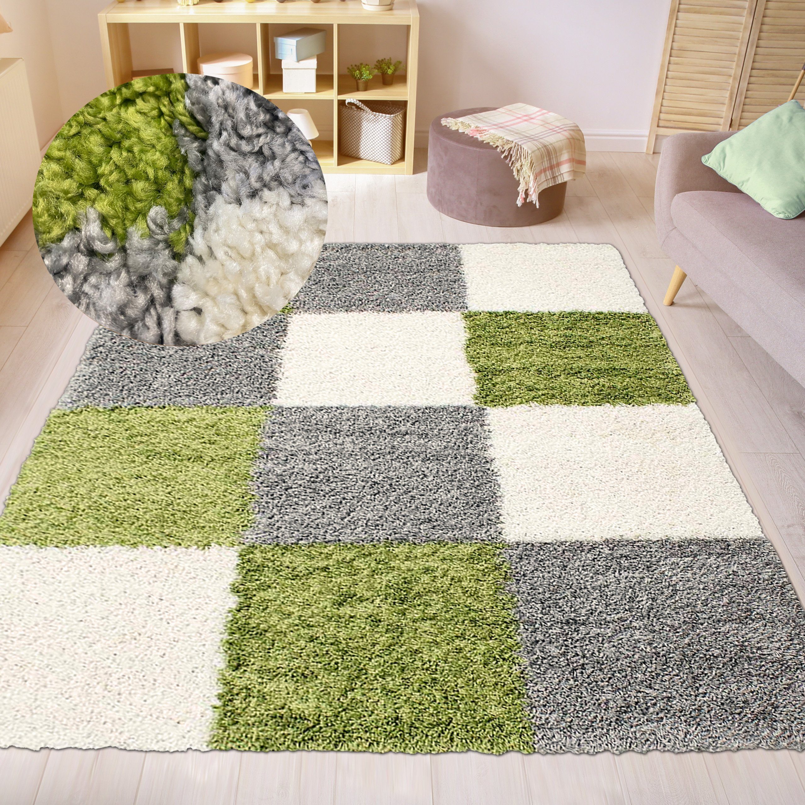 Teppich Flauschiger Shaggy-Teppich Hochflor mit Karomuster in grün grau  creme, Carpetia, rechteckig, Höhe: 30 mm