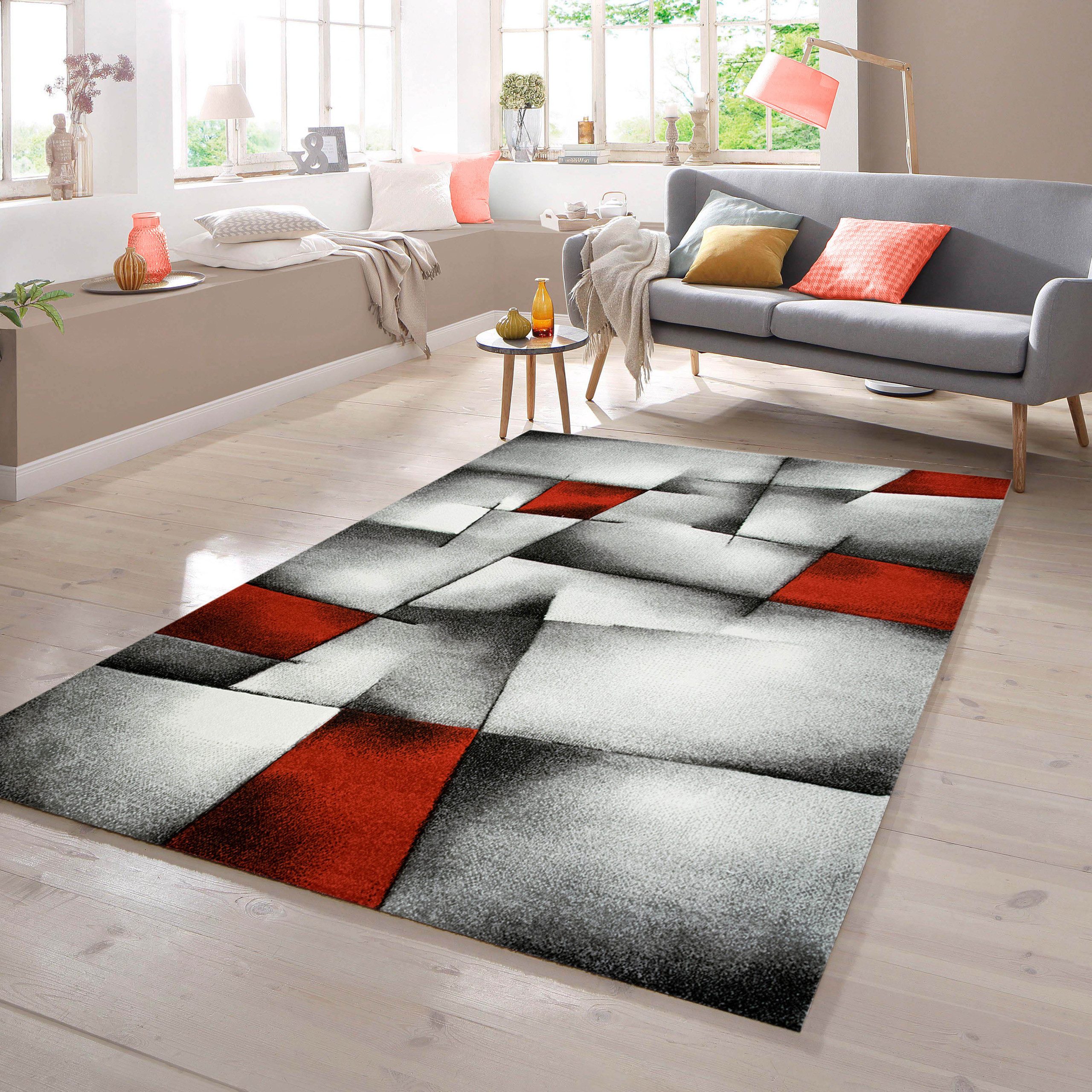 TeppichHome24 Teppich Designer Teppich mit Konturenschnitt Karo Muster Rot Grau Weiß Schwarz, rechteckig