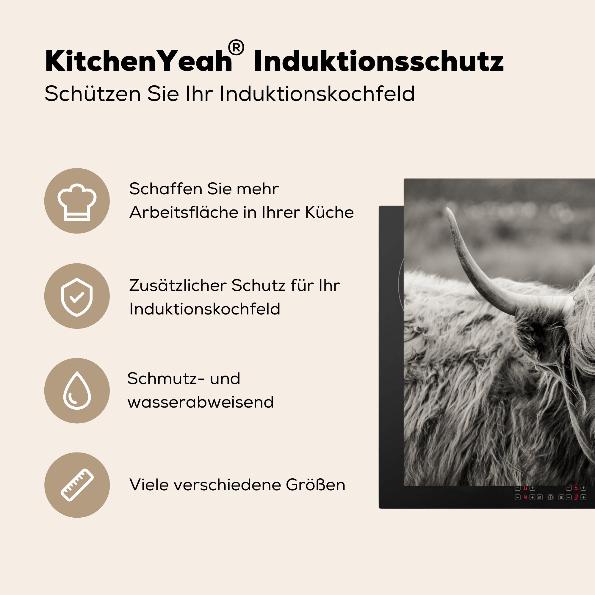 Highlander MuchoWow Vinyl, - - küche tlg), - Kuh Tiere Ländlich, - Schottischer Herdblende-/Abdeckplatte 77x51 Arbeitsplatte für Ceranfeldabdeckung, Schwarz-Weiß (1 cm,