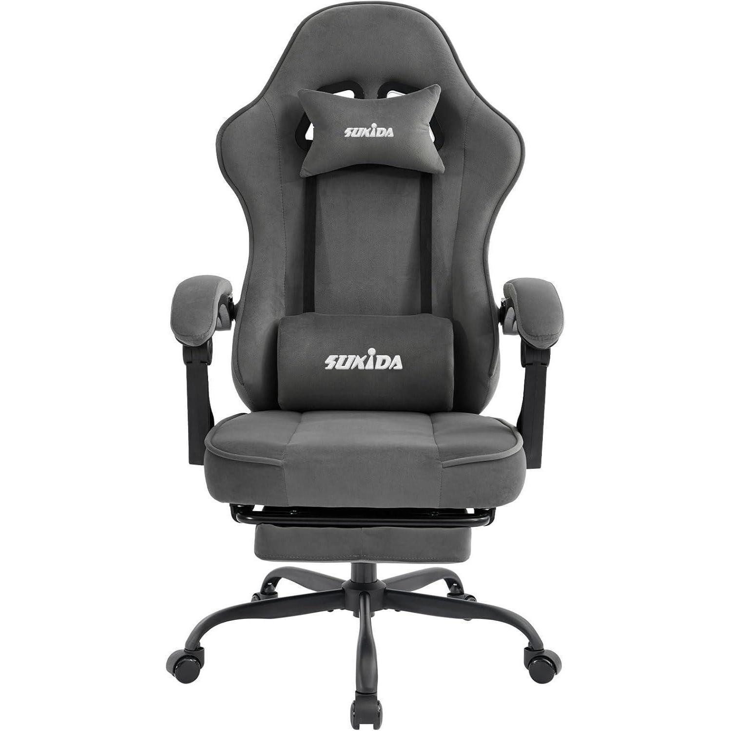 Gaming Chair Gaming Stuhl Stoff Ergonomisch Racing Chair Fußstütze Grau