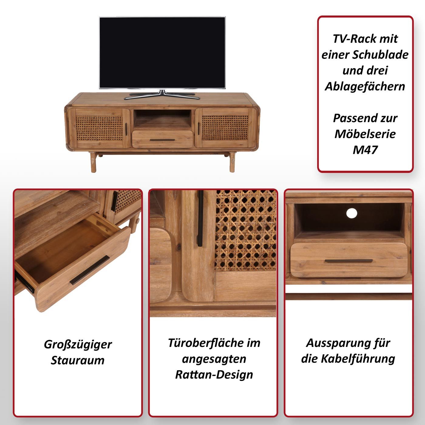 MCW TV-Rack MCW-M47-TV, Passend zur Möbelserie M47, Inklusive Fußbodenschoner