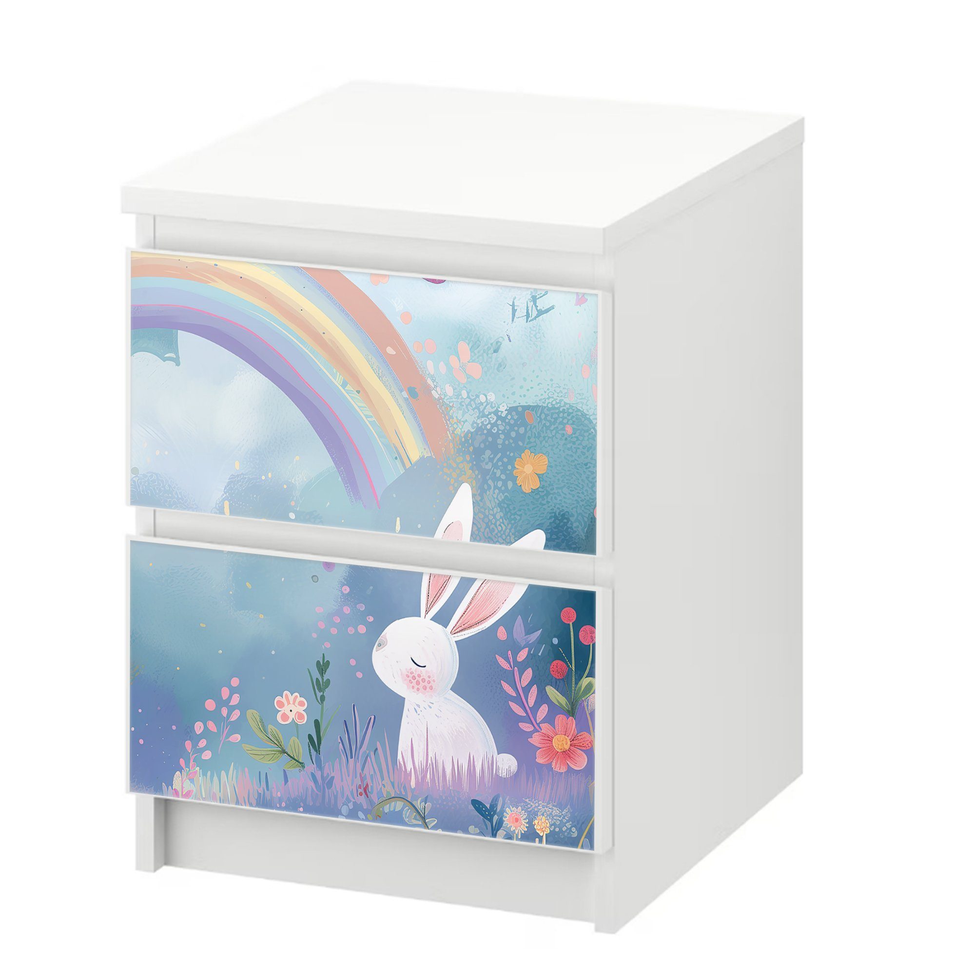 Sunnywall Möbelfolie passend für IKEA Malm Kommode Schrankfolie Aufkleber Hase Regenbogen, blasenfreie selbstklebende Folie (SCHRANK NICHT INKLUSIVE)