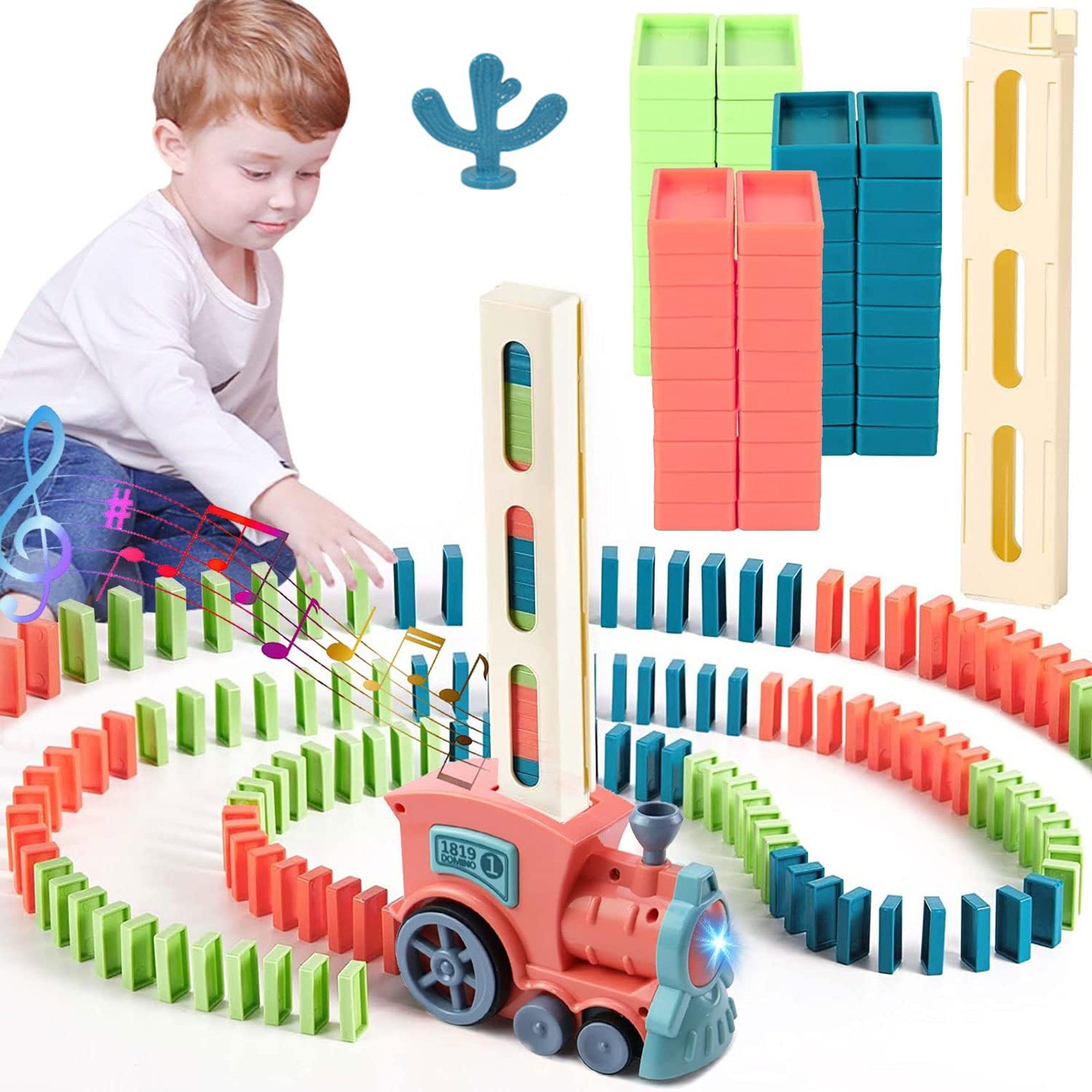 Kind Ja Lernspielzeug Domino-Spielzeugset, Stapelspielzeug, automatischer Domino-Zug,Schiene, Lernspielzeug für Kinder, 60 pcs Domino-Zug mit Lichtern und Musik