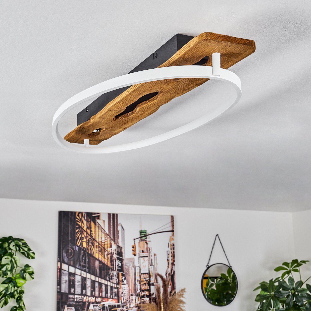 hofstein Deckenleuchte moderne Deckenlampe aus Metall/Holz/Kunststoff in Natur/Weiß, LED fest integriert, 3000 Kelvin, Leuchte mit Holzbalken, 2400 Lumen, LED 20 Watt