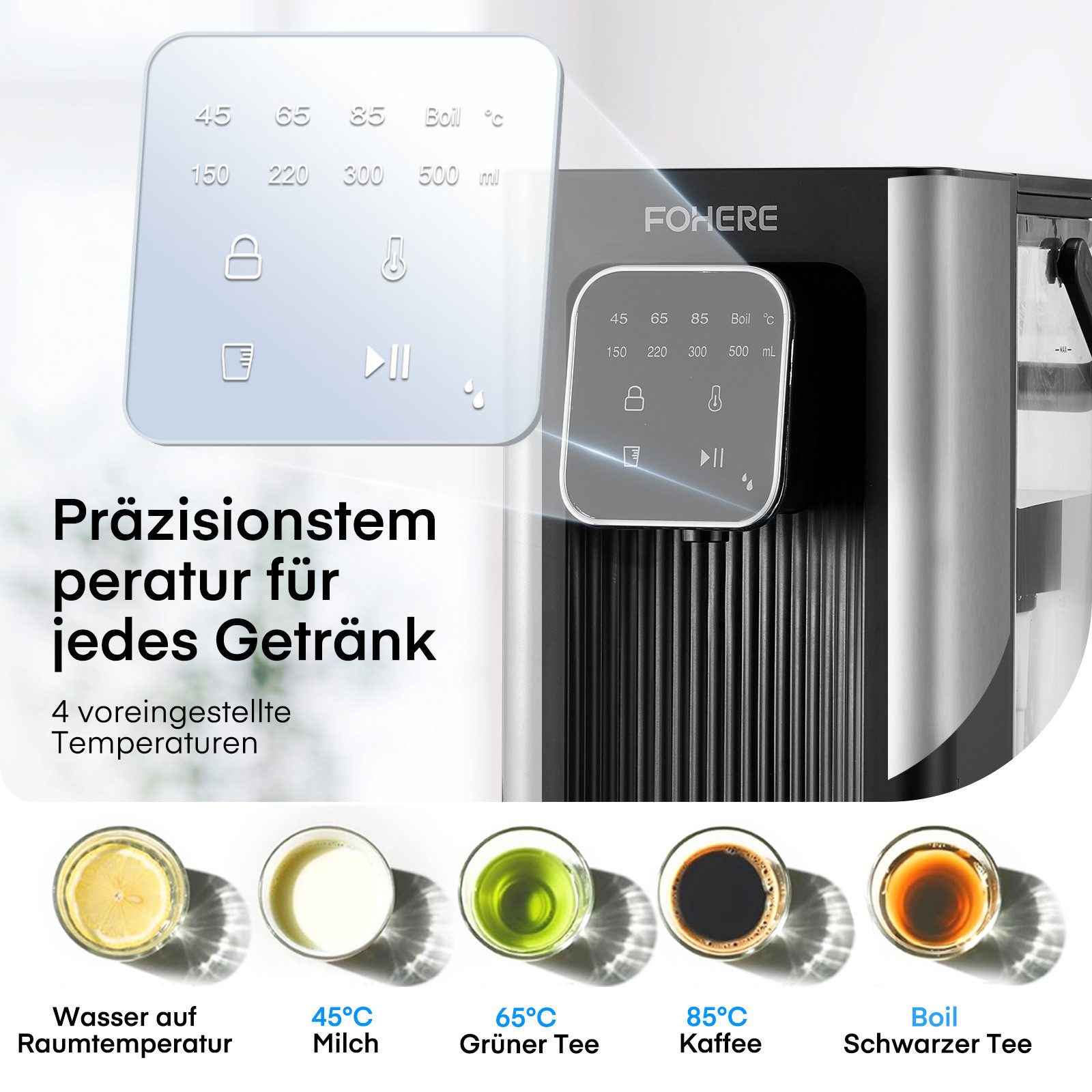 FOHERE Wasserkocher Heißwasserspender 2600W, mit Abnehmbaren 2.5L, 2.5 l, 2600 W, Instant heißes Wasser 45-100°C – Bild 2 von 5