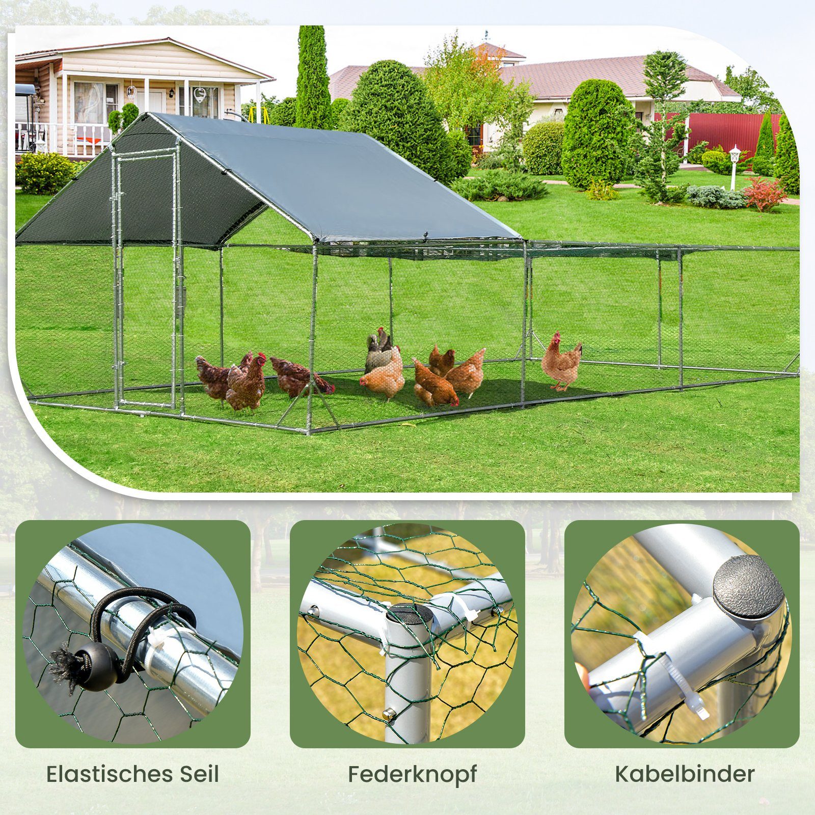 COSTWAY Hühnerstall 3x6 m, 18 m² Freilaufgehege, mit Dach, aus Stahl