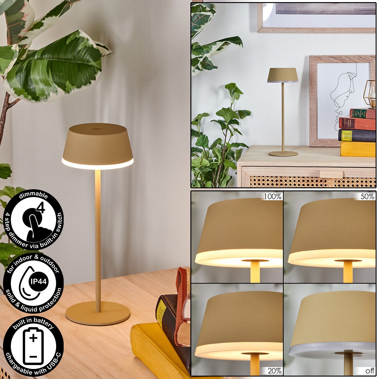 hofstein Tischleuchte Tischlampe dimmbar aus Metall/Kunststoff in Sandfarben/Weiß, ohne Leuchtmittel, Tischleuchte Innen und Außen mit Touchdimmer, USB-C, Akku, IP44
