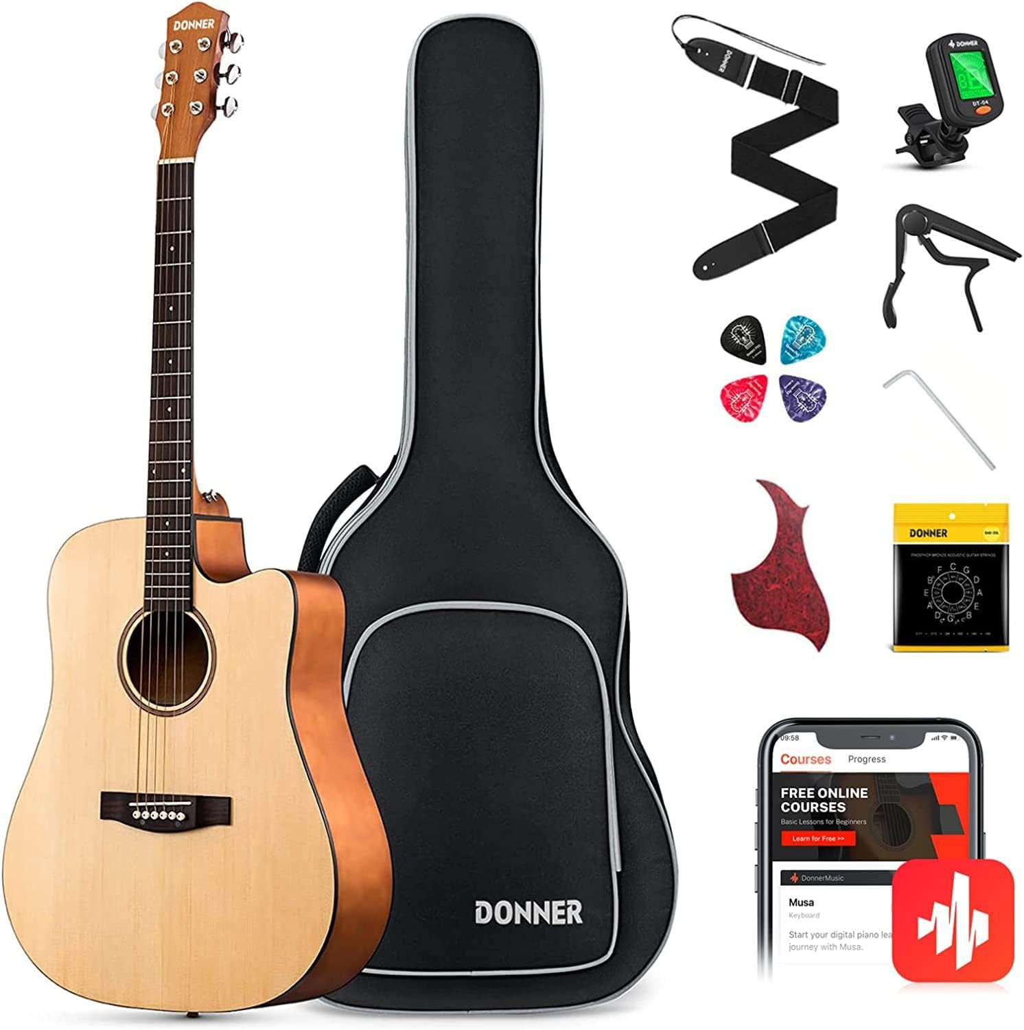 Donner Akustikgitarre 41 Zoll Akustikgitarren-Set mit Cutaway Paket mit Online-Unterricht, mit Gigbag, Gurt, Stimmgerät, Schlagbrett, für …
