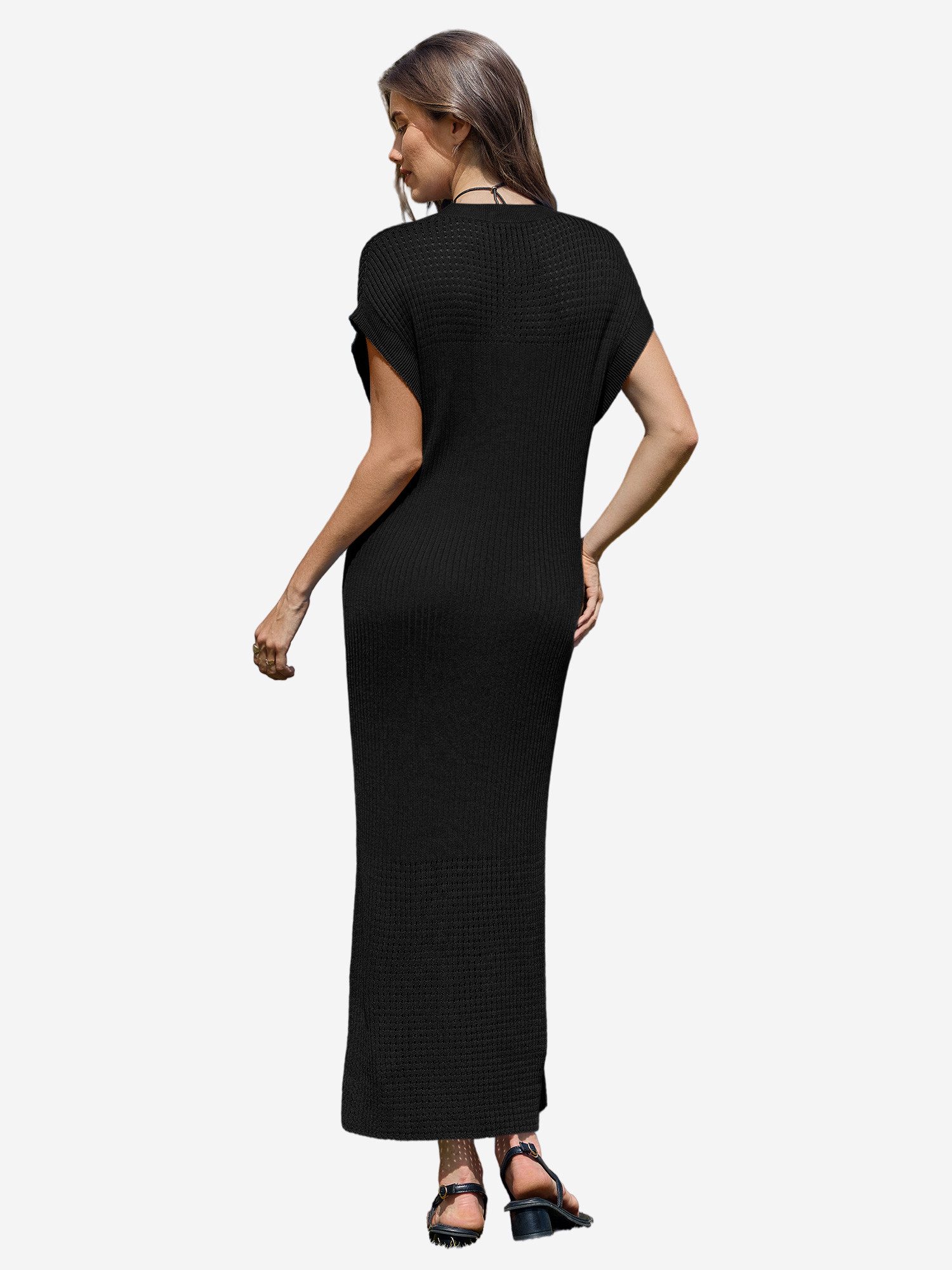 Imily Bela Strickkleid Damen mit Kurzarm und Rundhals Casual (Packung, 1-tlg., 1per-Pack) in Unifarbe mit Lochmustern und Rippstrick – Bild 2 von 5