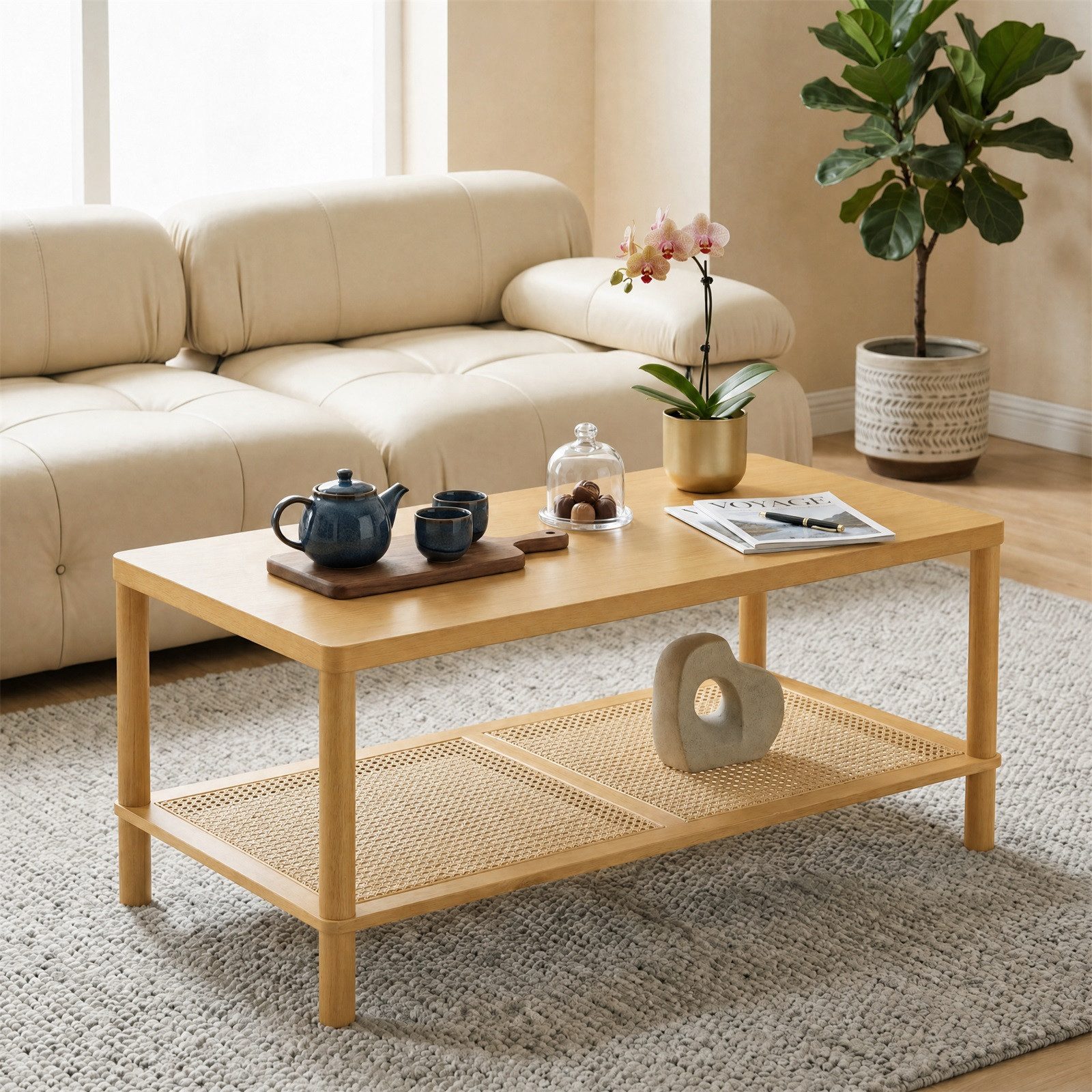 KOMFOTTEU Couchtisch rechteckiger Wohnzimmertisch, mit Rattan-Ablage