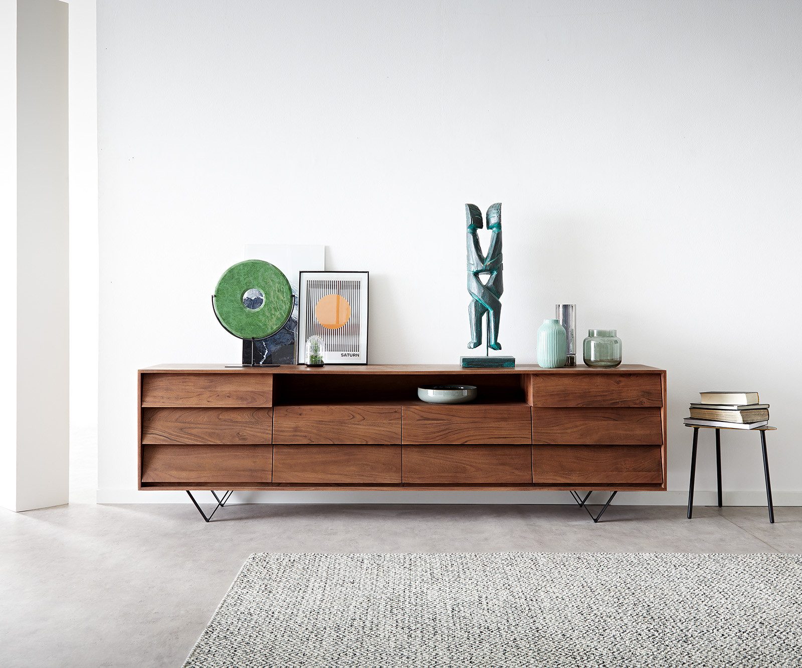 DELIFE Sideboard Eloi, Akazie Braun 240x40 cm 2 Türen 6 Schubladen V-Fuß Schwarz