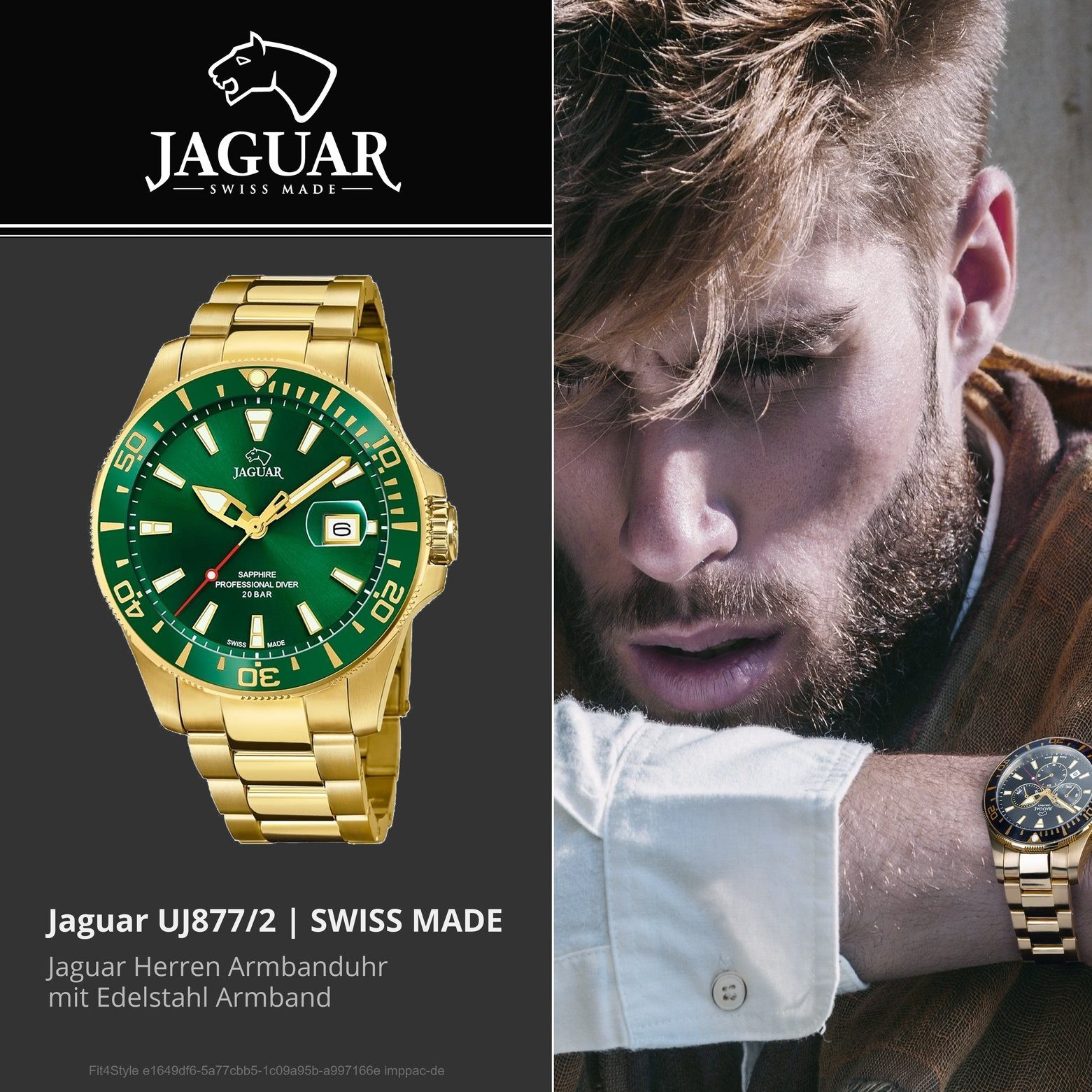 (ca. Executive, Herrenuhr Armbanduhr groß rund, Jaguar JAGUAR 43mm), Edelstahlarmband, Sport-Style Quarzuhr Herren
