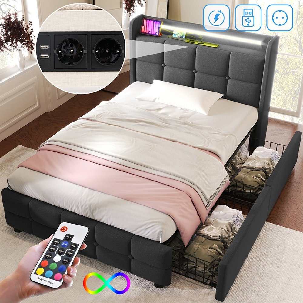 Polsterbett (Stauraumbett mit Lattenrost), Einzelbett 90x200cm mit LED-Beleuchtung, Ladefunktion und 2 Schubladen