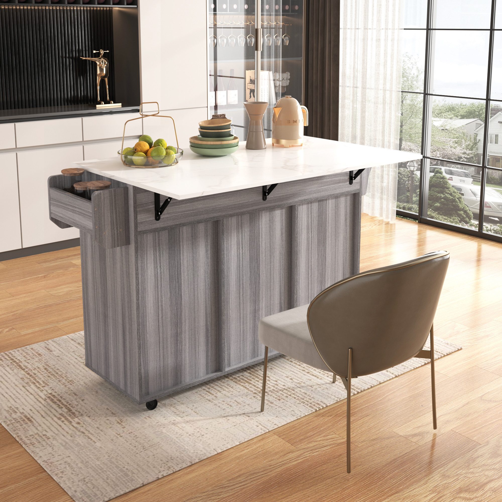 OKWISH Sideboard Anrichte Küchenschrank Speisewagen (Kücheninse, Servierwagen, Küchenschrank, 1 St., 5 Räder, 3 Tür), mit Ausziehbare Arbeitsplatte,Massivholzbeine umschaltbar