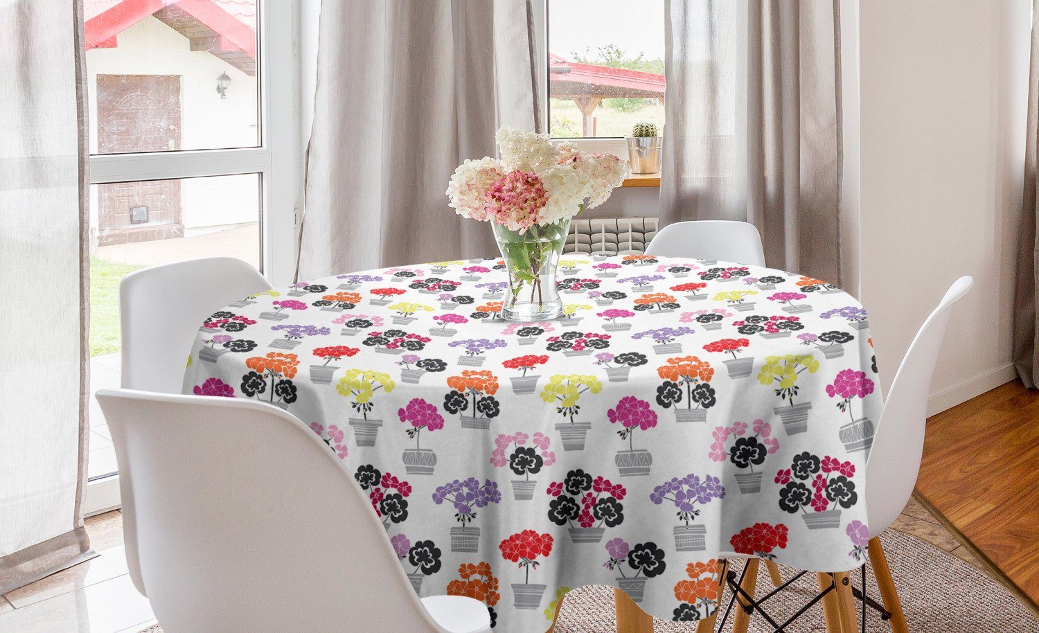 Tischdecke Blumentöpfe Dekoration, Bunte Kunst Tischdecke Abakuhaus Abdeckung Esszimmer Pelargonien Küche für Kreis