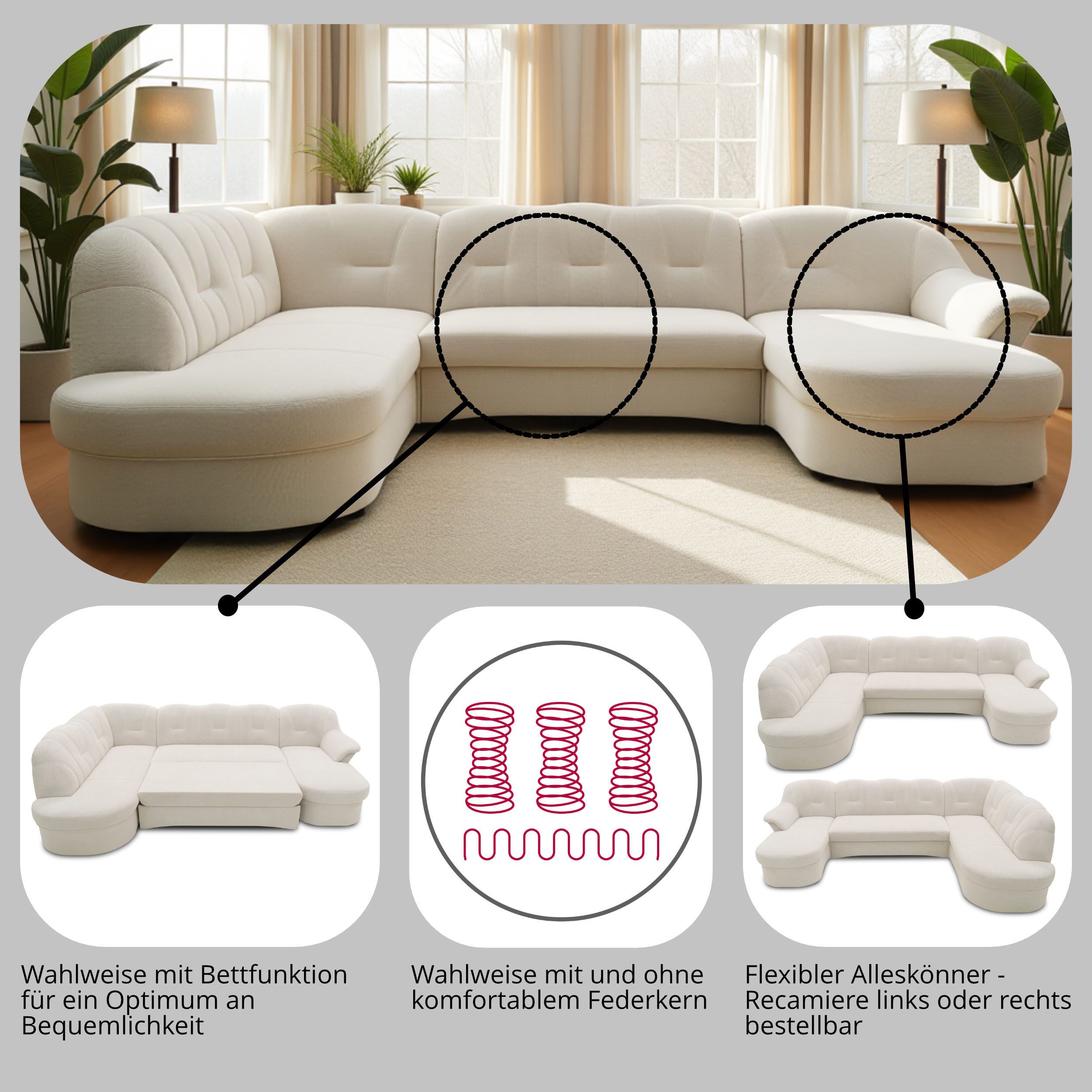 DOMO collection Wohnlandschaft Flores auch in Leder-Bezug, B/T/H: 293/180/86 cm, U-Form, 3 Teile, wahlw. mit Bettfunktion, wahlw. mit Federkern, Unser Dauertiefpreis